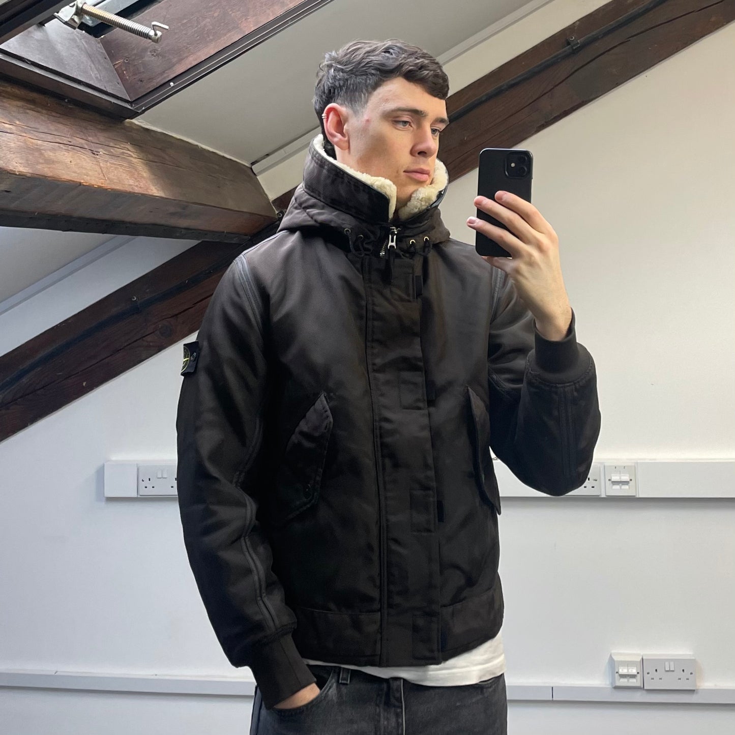 Stone Island Khaki Brown AW10 Shearling Hooded Padded Oxford Nylon Bomber Jacket