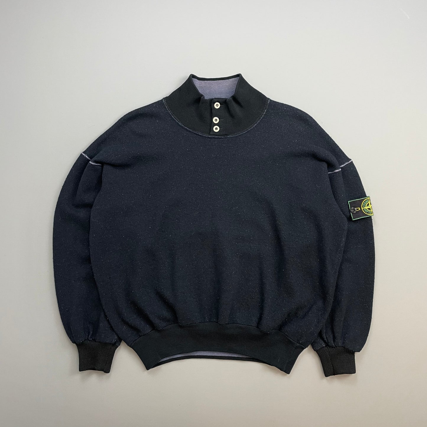 Stone Island Navy & Black 80s Wool Blend Silver Button Green Edge Badge Jumper
