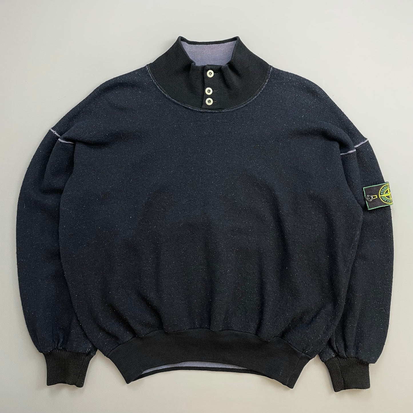 Stone Island Navy & Black 80s Wool Blend Silver Button Green Edge Badge Jumper