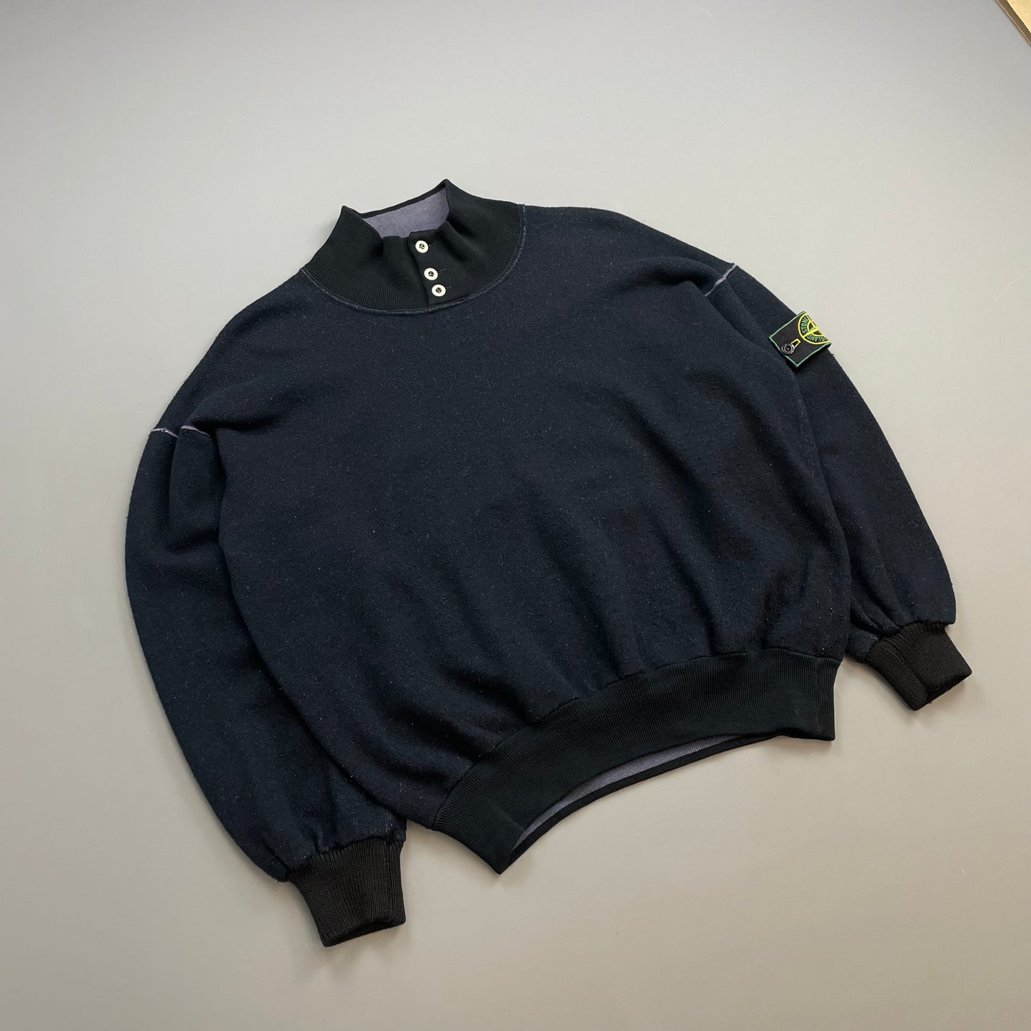 Stone Island Navy & Black 80s Wool Blend Silver Button Green Edge Badge Jumper