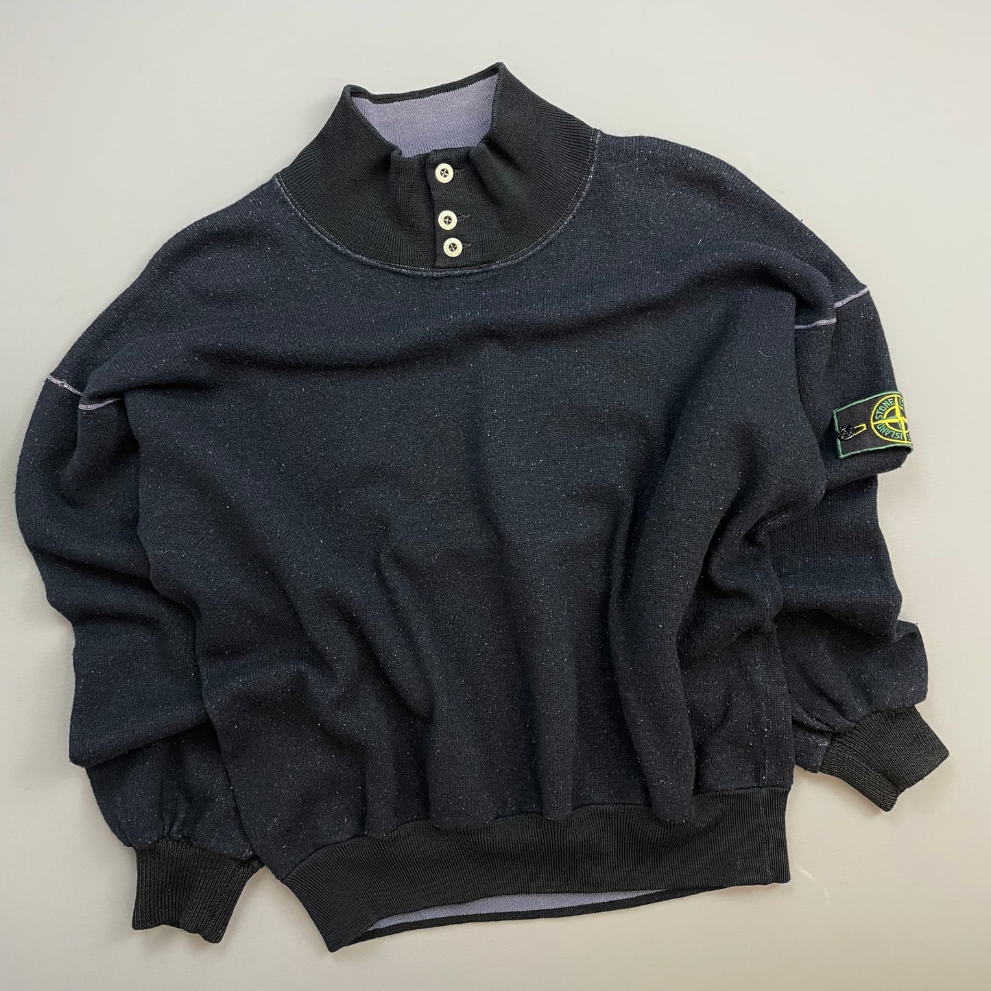 Stone Island Navy & Black 80s Wool Blend Silver Button Green Edge Badge Jumper