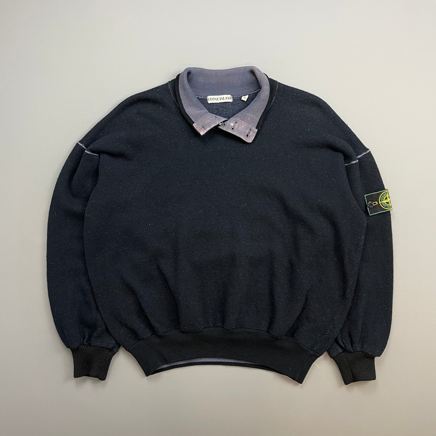Stone Island Navy & Black 80s Wool Blend Silver Button Green Edge Badge Jumper