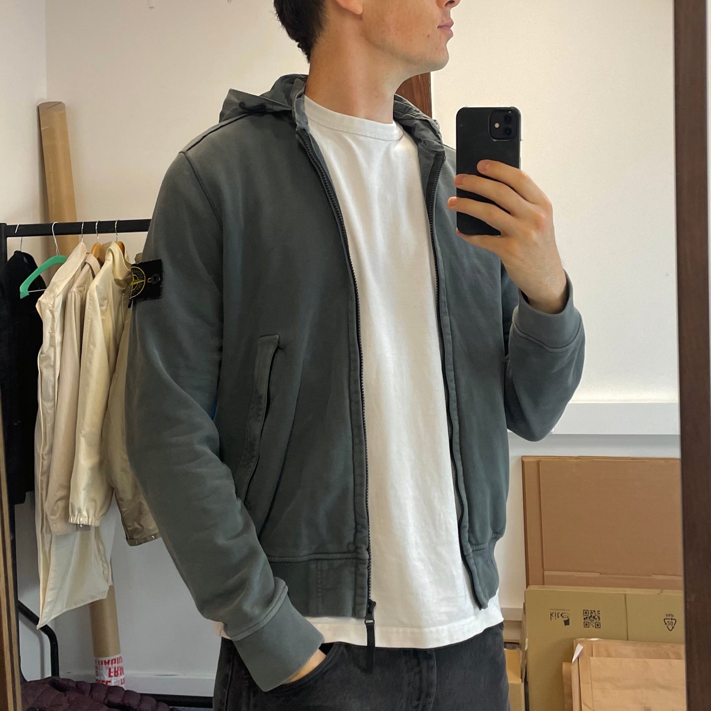 Stone Island Grey Concealed Hood Cotton Jacket