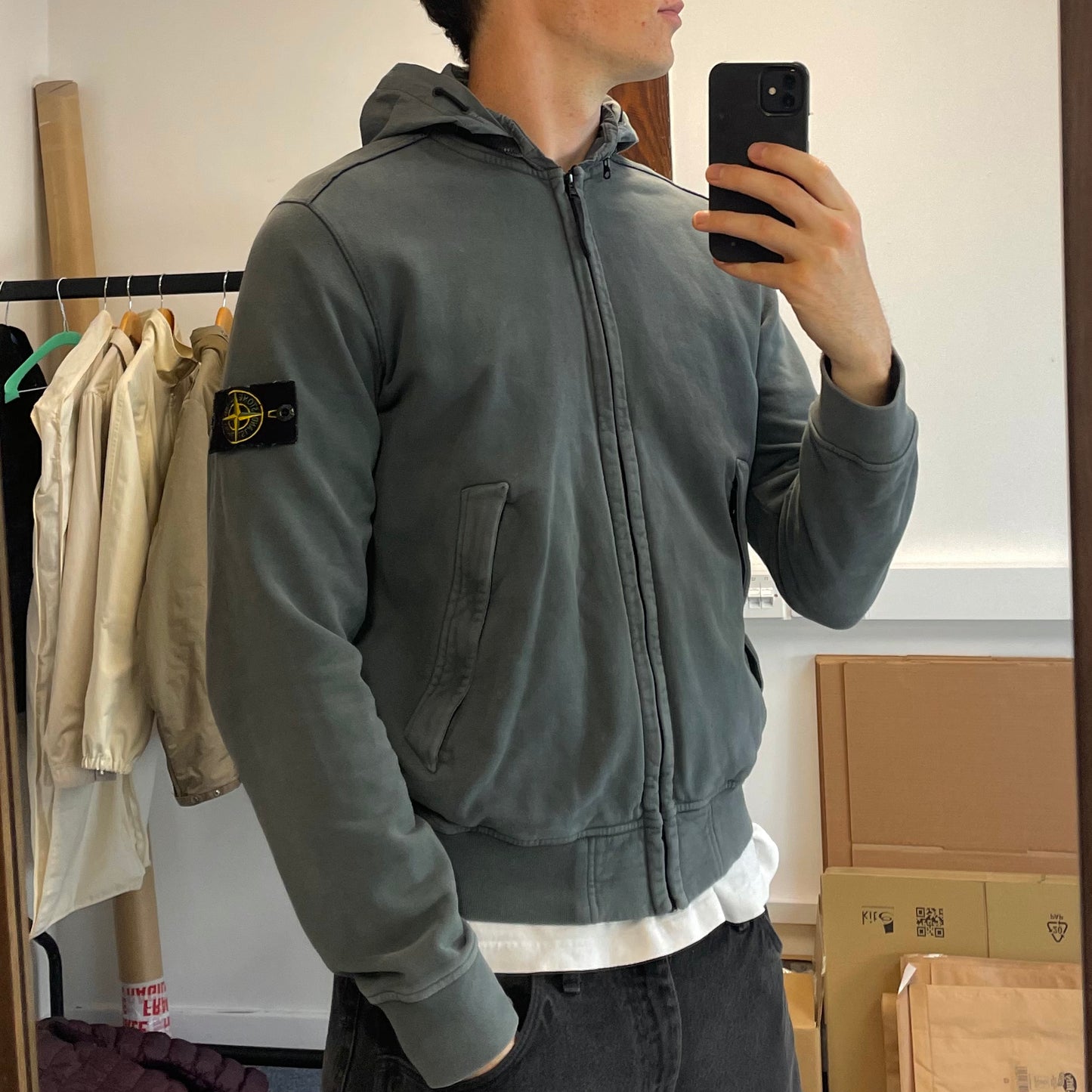 Stone Island Grey Concealed Hood Cotton Jacket