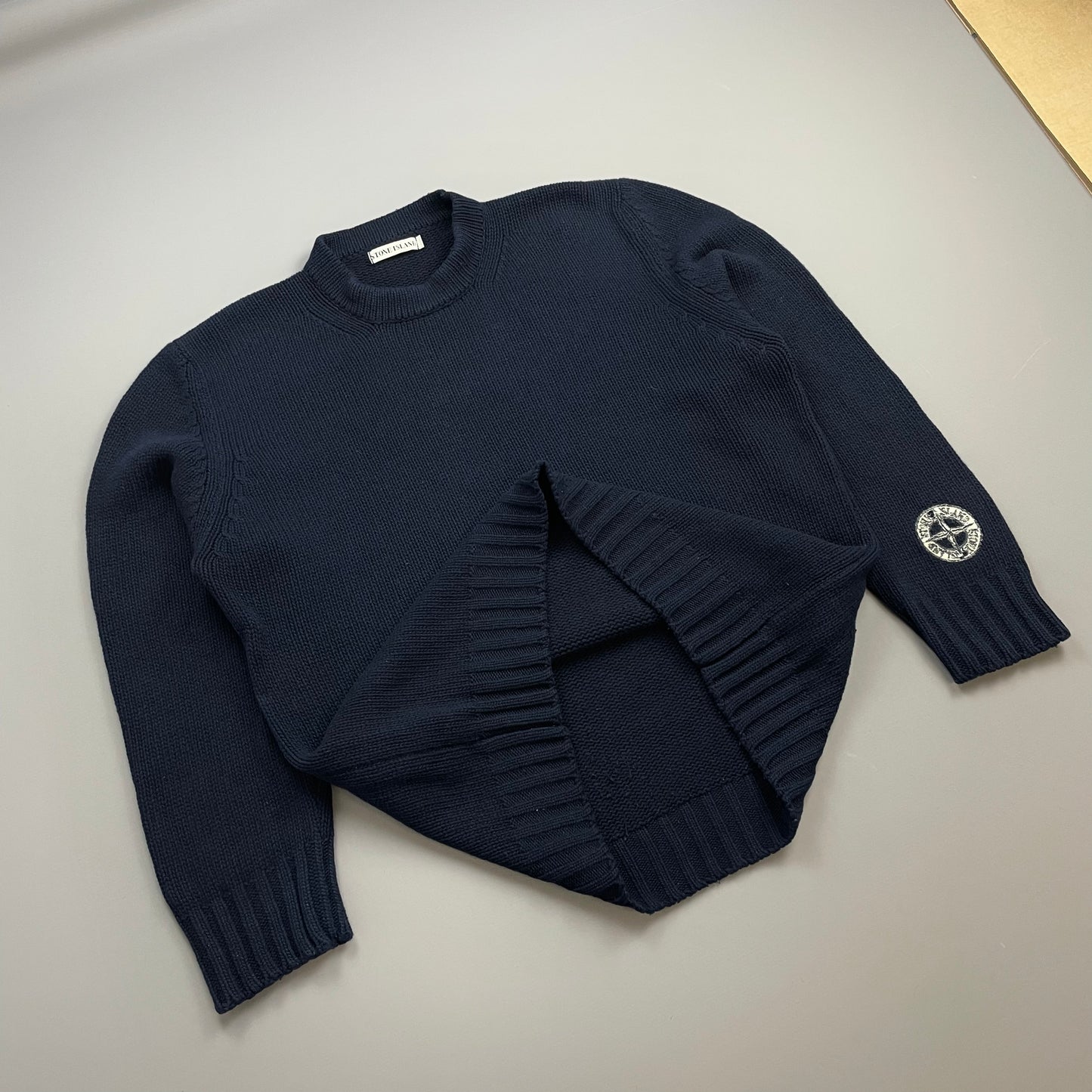 Stone Island Navy AW99 Sleeve Emblem Chunky Wool Knit Crewneck Jumper