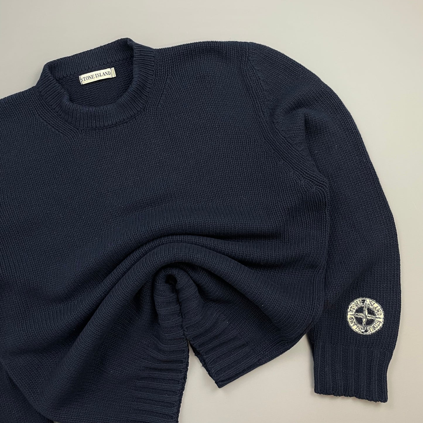 Stone Island Navy AW99 Sleeve Emblem Chunky Wool Knit Crewneck Jumper