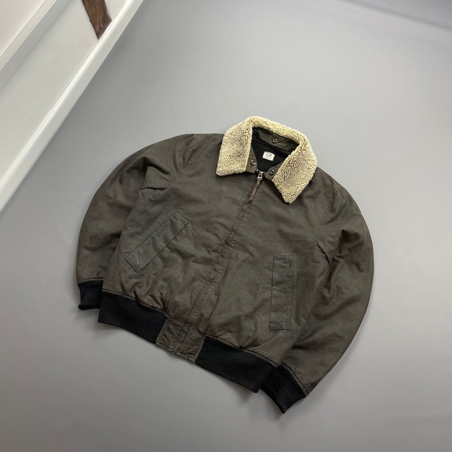 C.P. Company Khaki AW02 Coated Cotton Shearling Collar Bomber Jacket