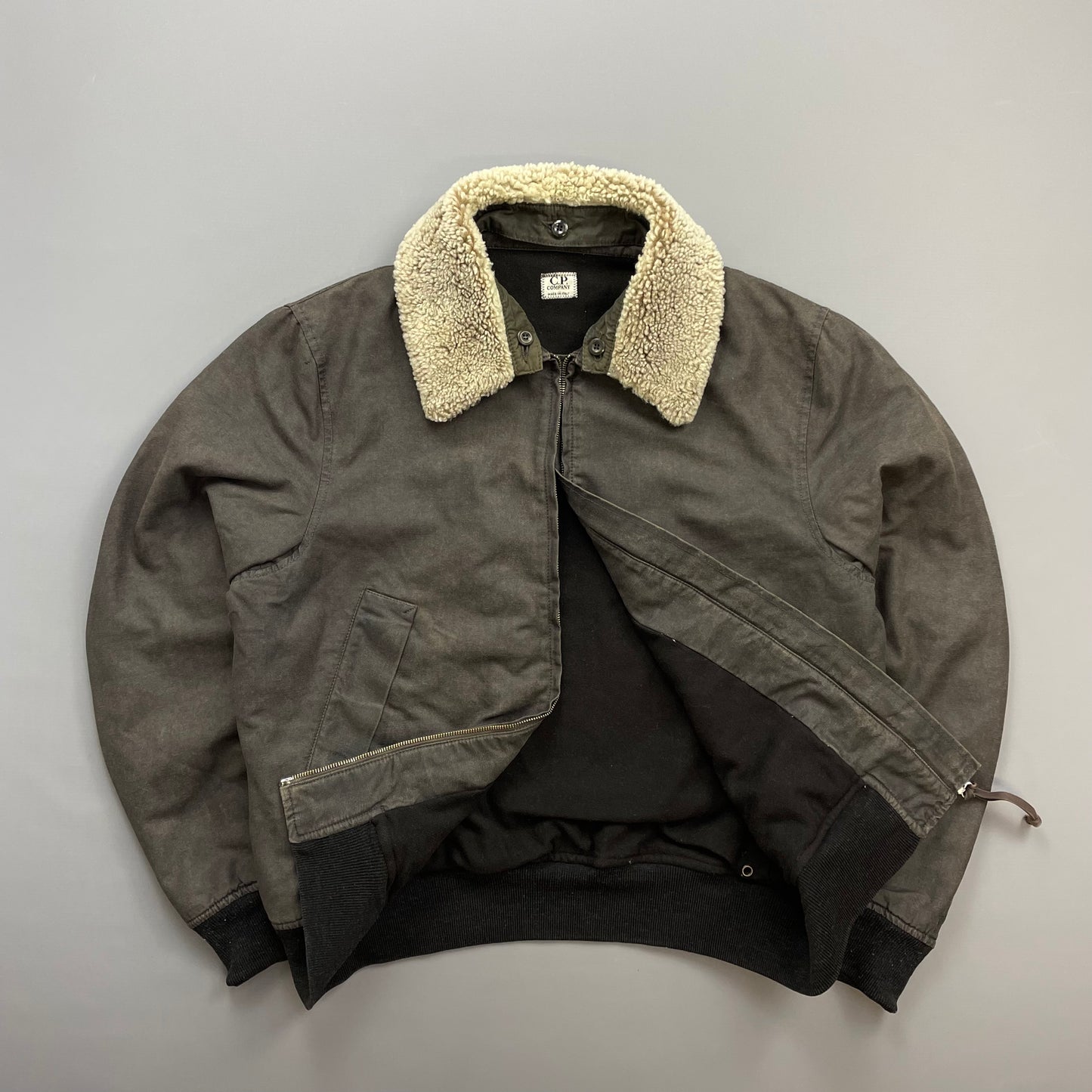 C.P. Company Khaki AW02 Coated Cotton Shearling Collar Bomber Jacket