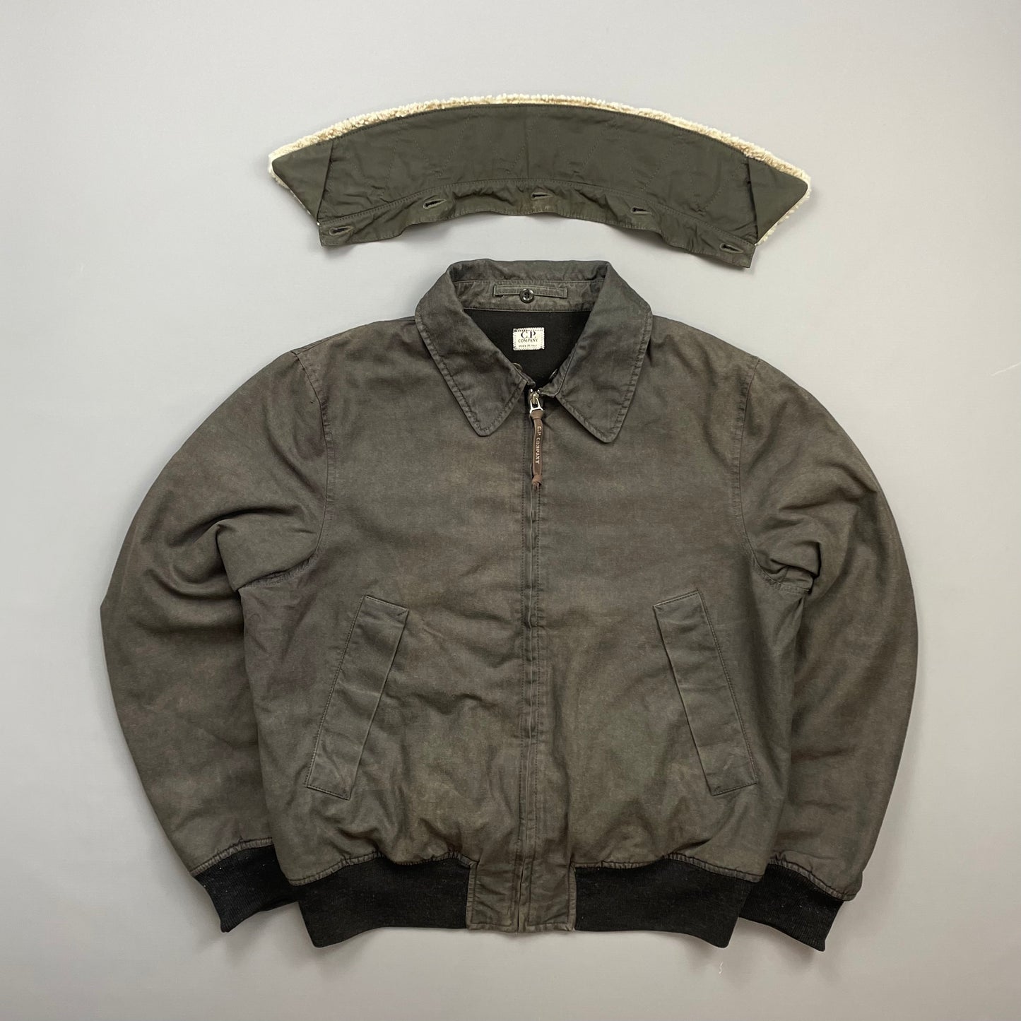 C.P. Company Khaki AW02 Coated Cotton Shearling Collar Bomber Jacket