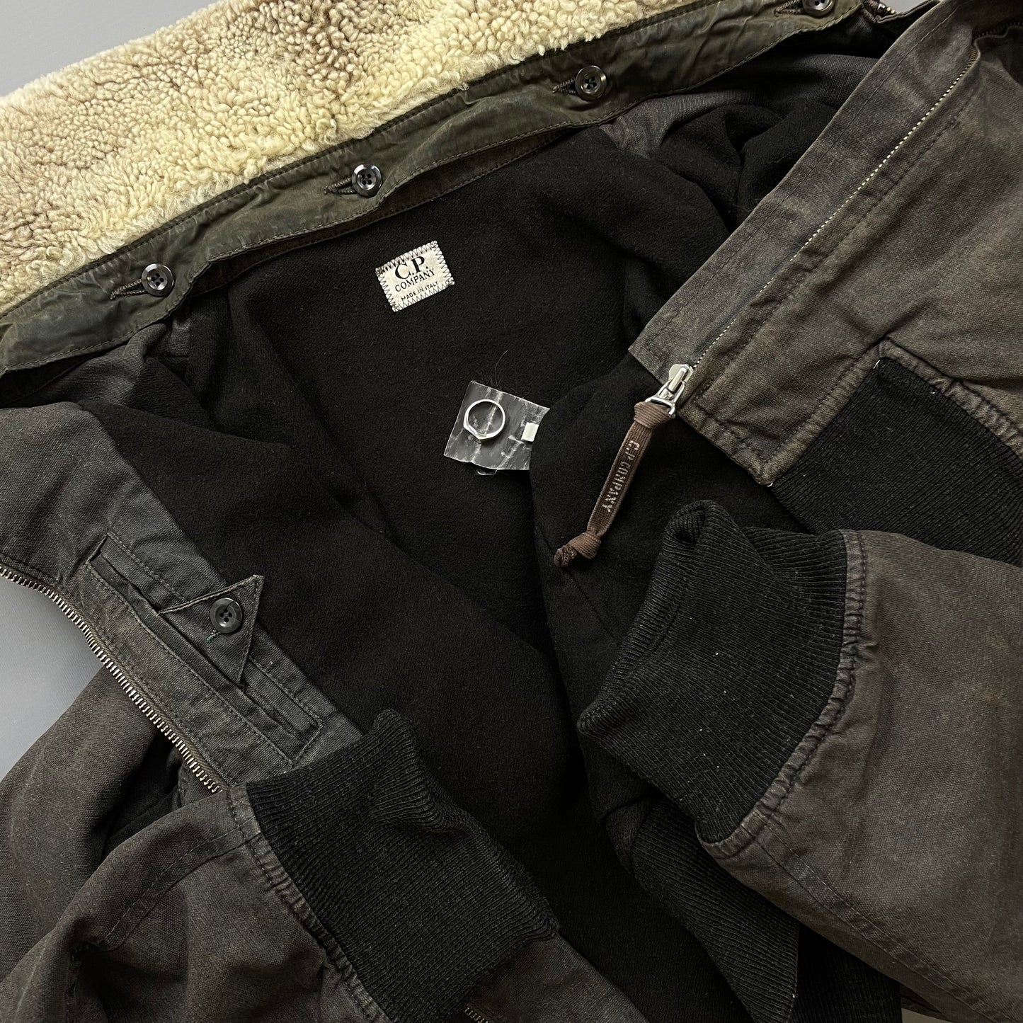 C.P. Company Khaki AW02 Coated Cotton Shearling Collar Bomber Jacket