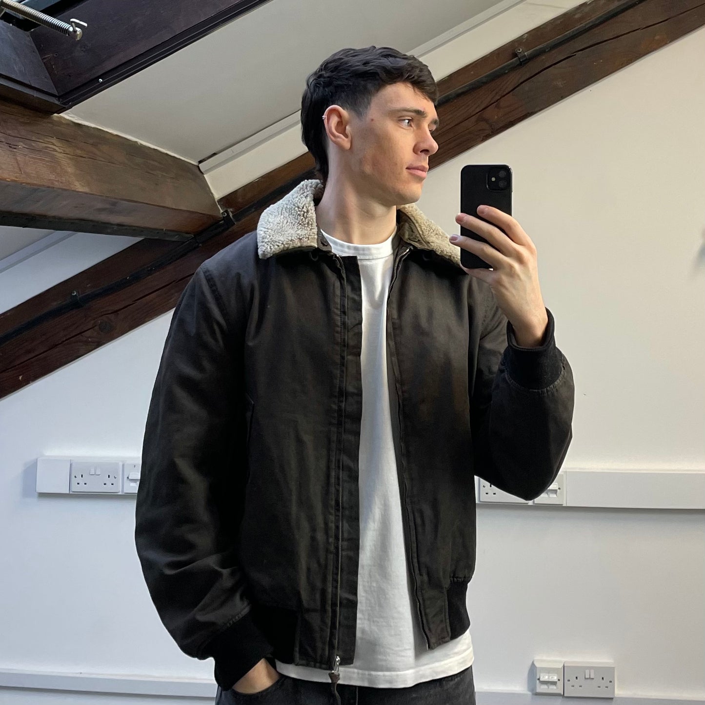 C.P. Company Khaki AW02 Coated Cotton Shearling Collar Bomber Jacket