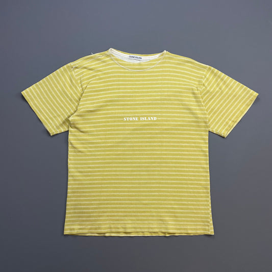 Stone Island Yellow 80s Striped Boat Neck Cotton Spellout Tee