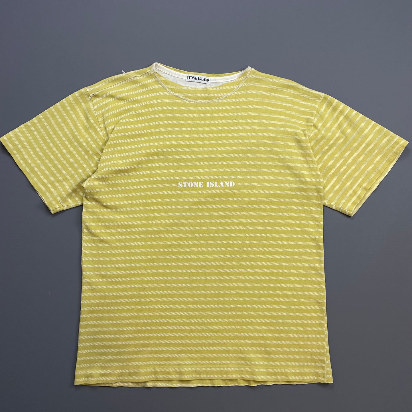 Stone Island Yellow 80s Striped Boat Neck Cotton Spellout Tee