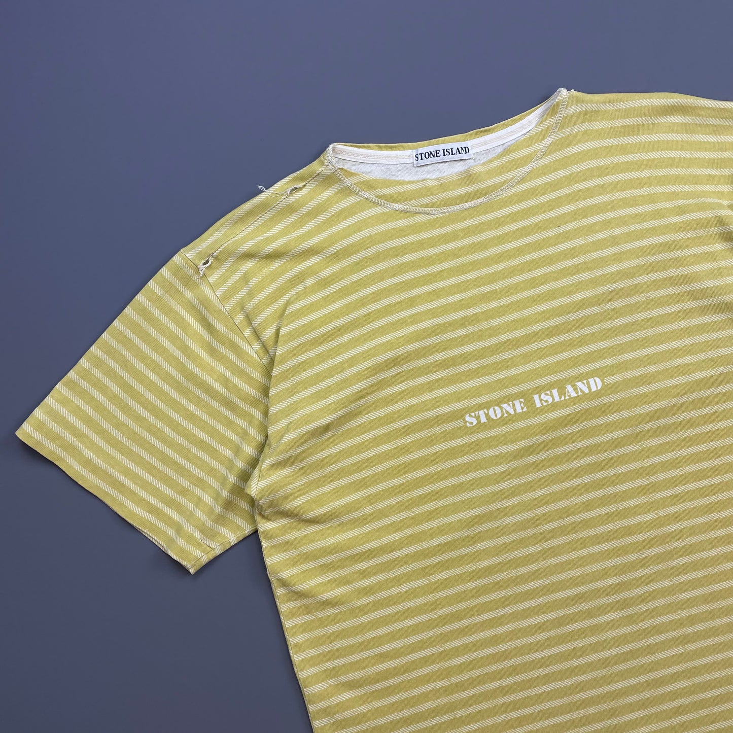 Stone Island Yellow 80s Striped Boat Neck Cotton Spellout Tee