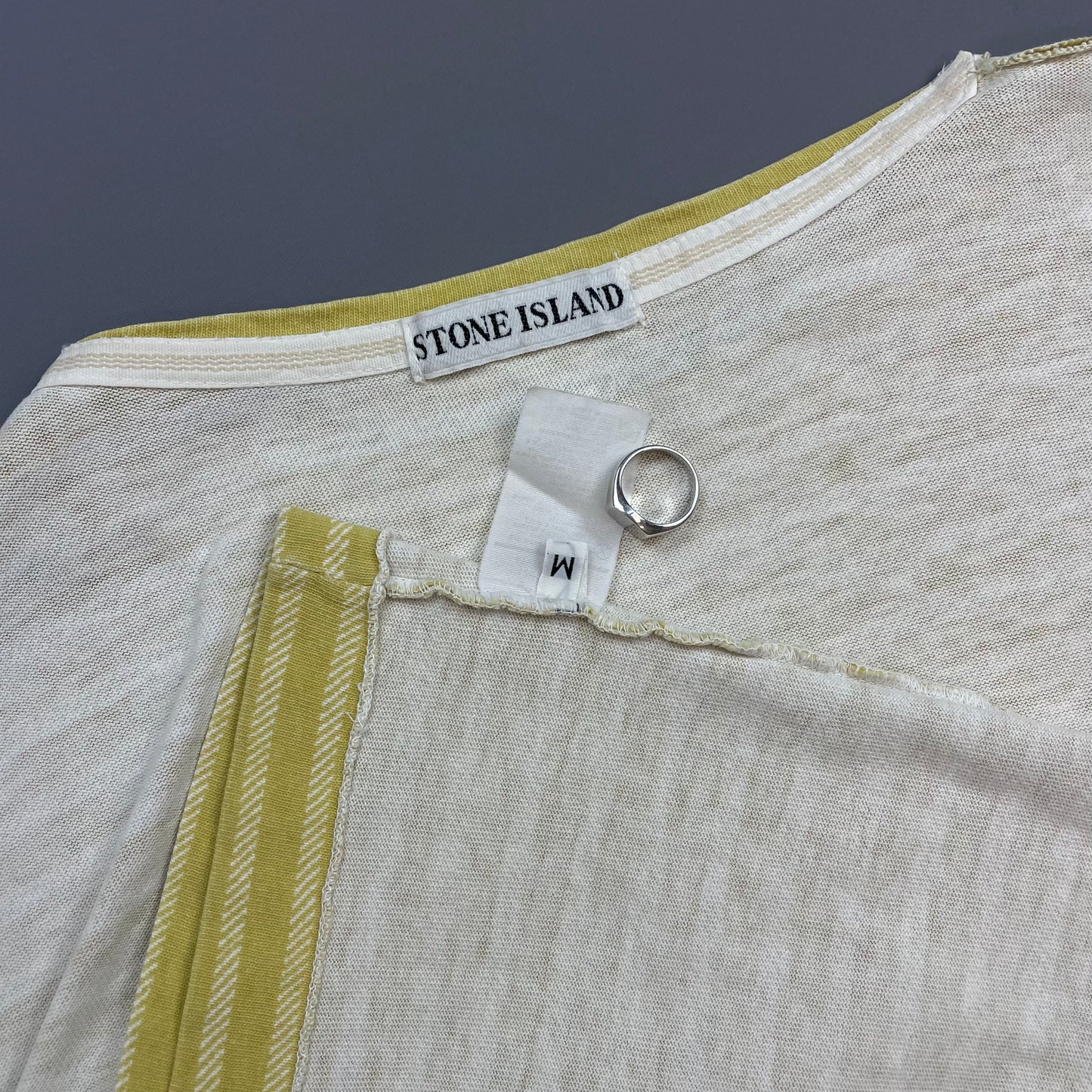 Stone Island Yellow 80s Striped Boat Neck Cotton Spellout Tee