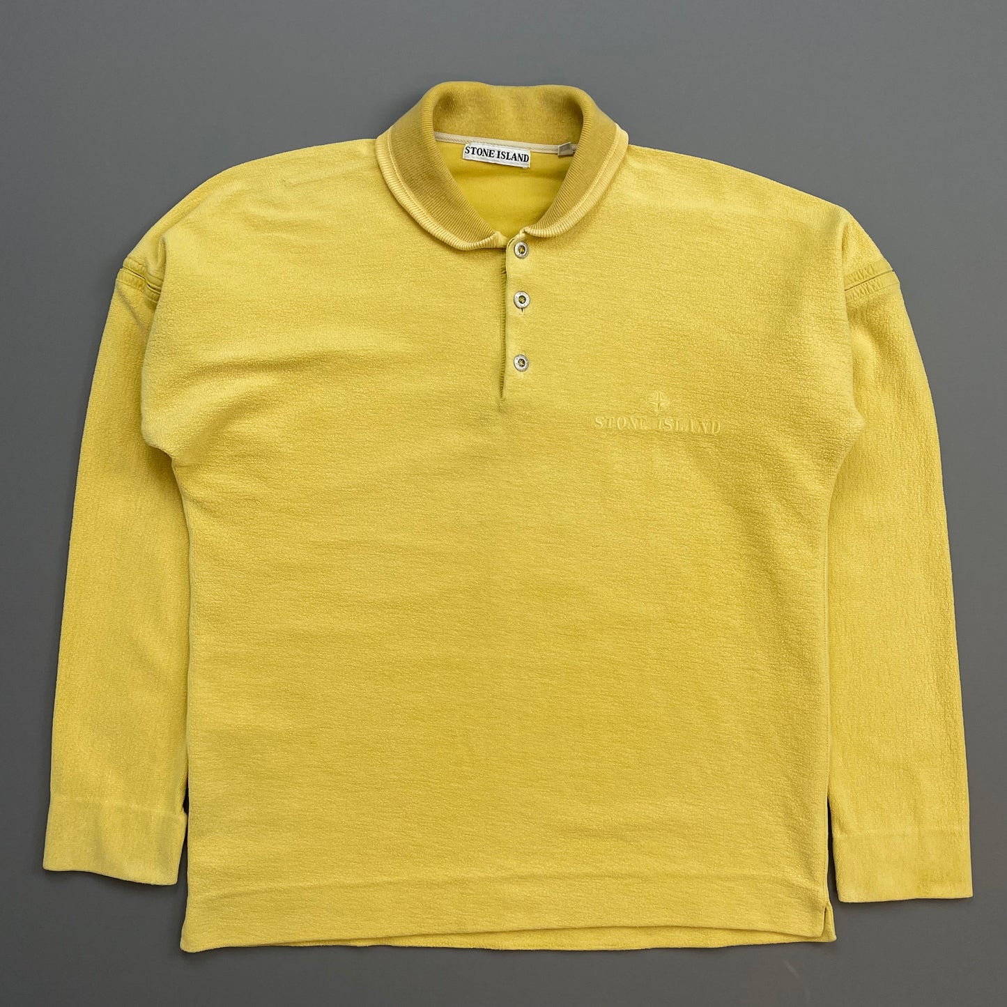 Stone Island Yellow 80s Silver Button-Up Collared Spellout Jumper