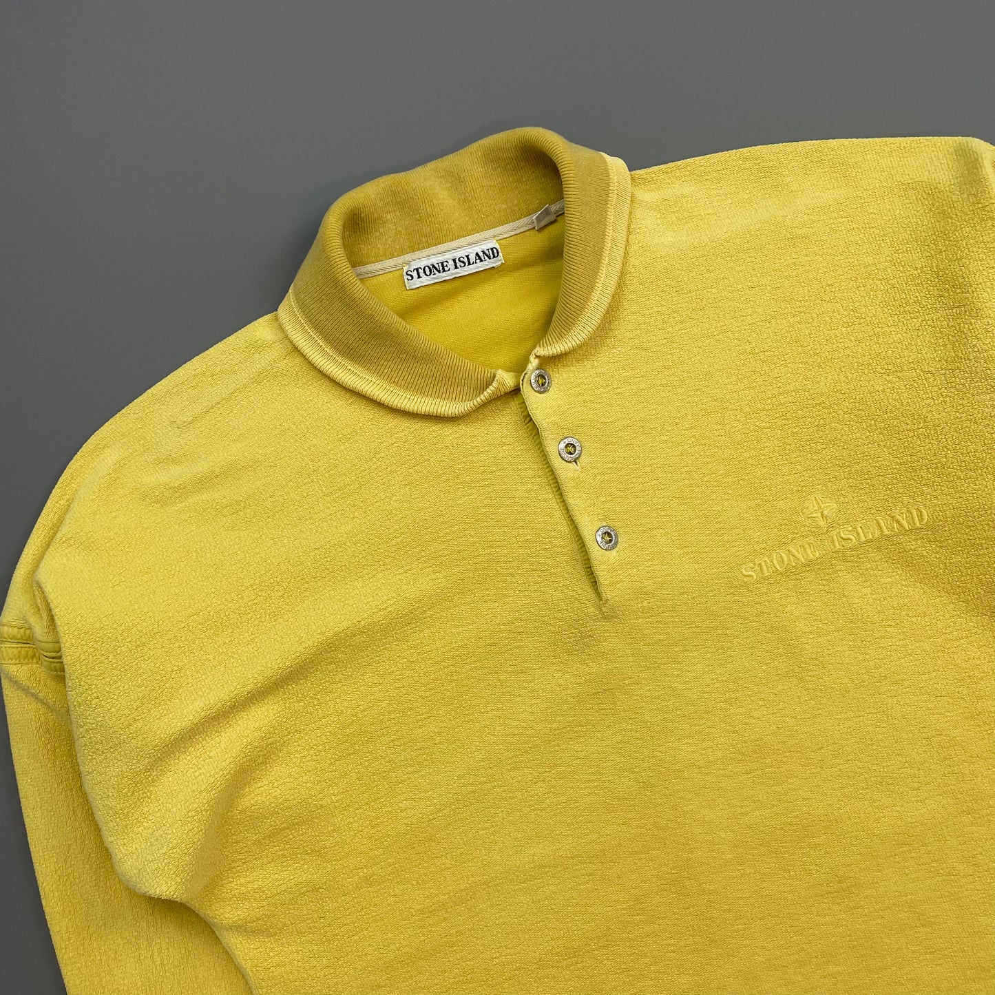 Stone Island Yellow 80s Silver Button-Up Collared Spellout Jumper