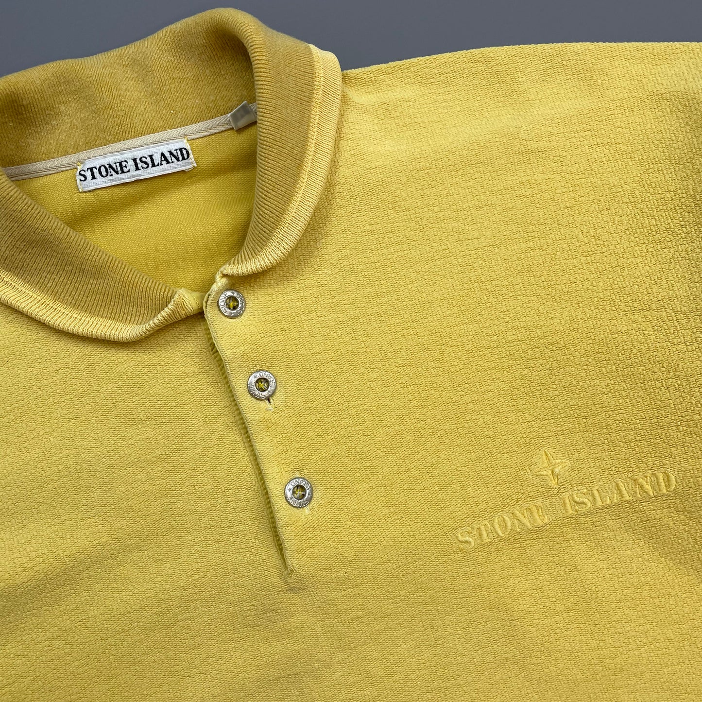 Stone Island Yellow 80s Silver Button-Up Collared Spellout Jumper