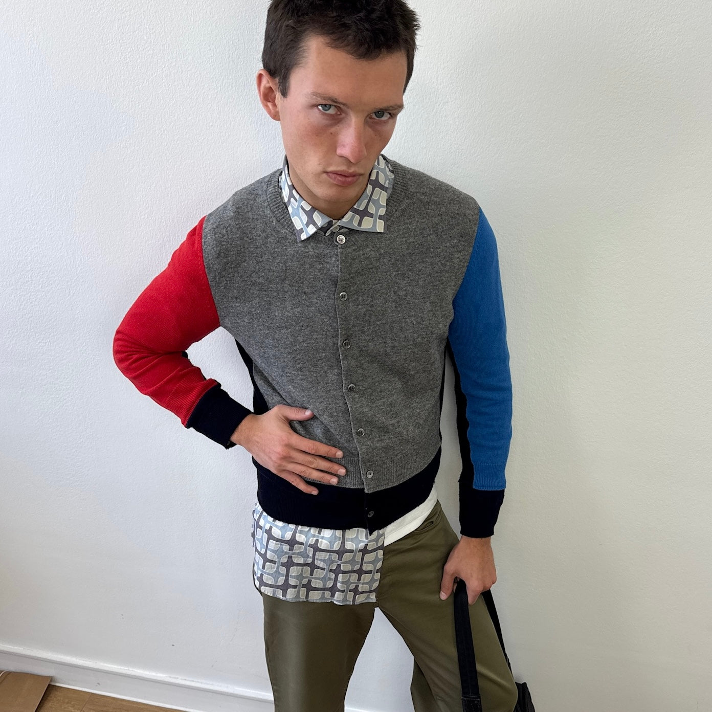 Comme Des Garçons Grey Red & Blue Cardigan