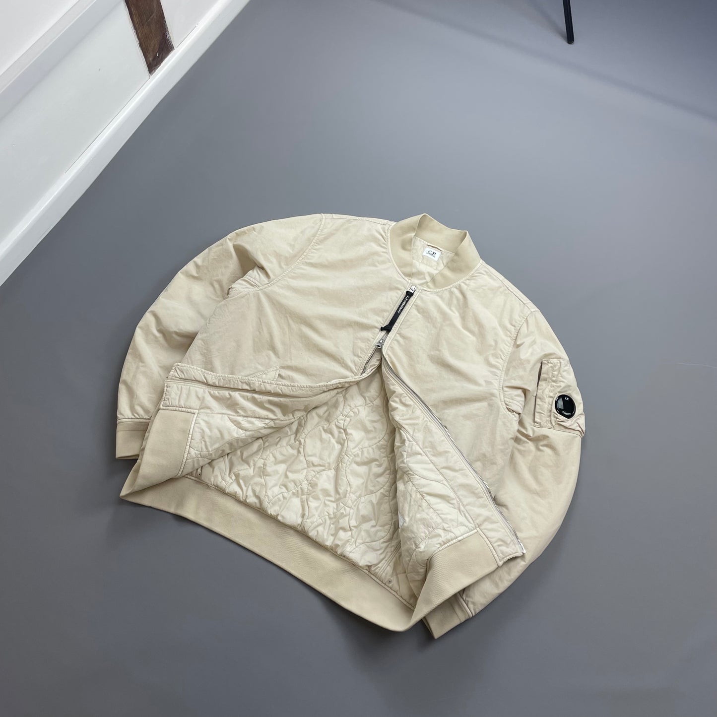 C.P. Company Cream Flatt Nylon Quilted Bomber Jacket