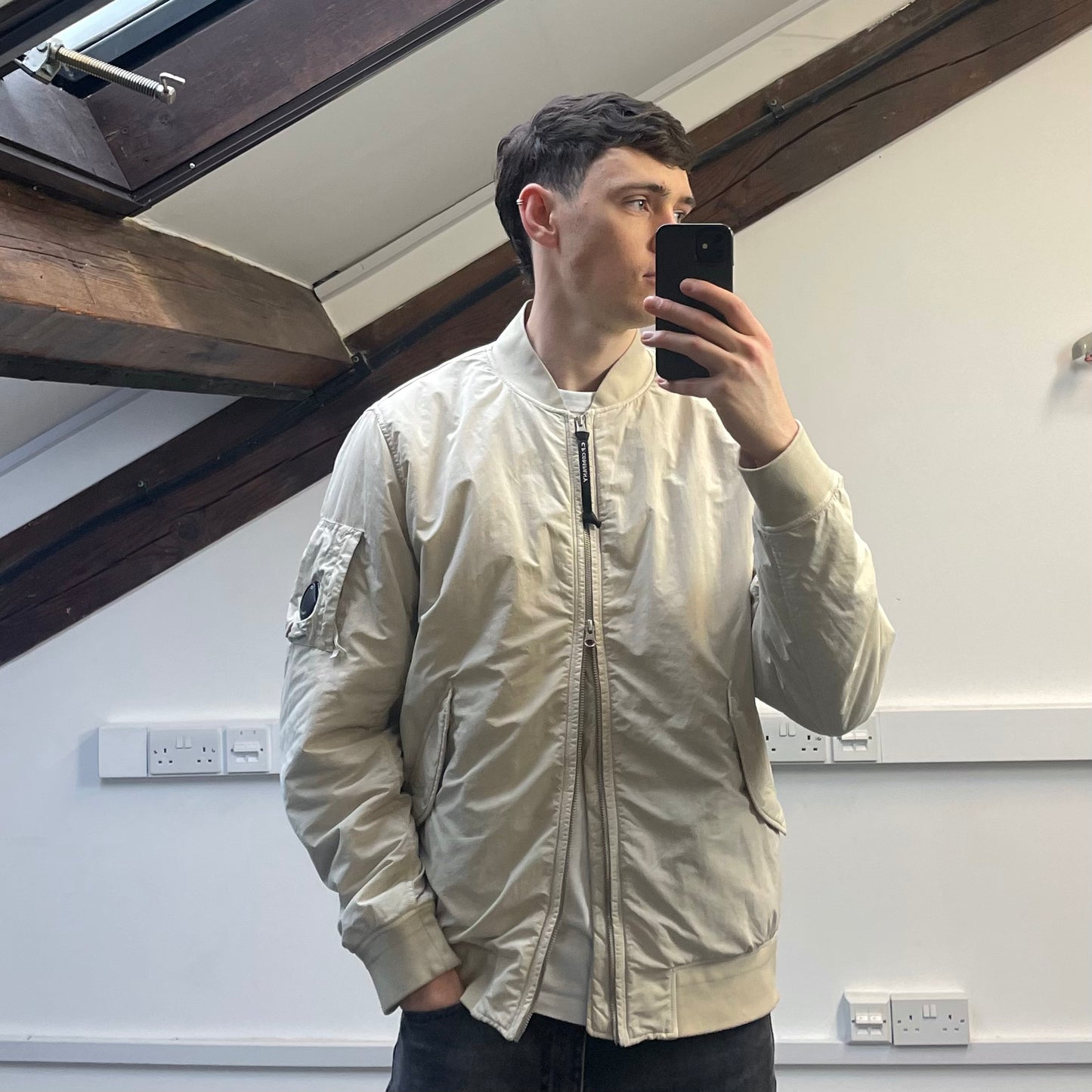 C.P. Company Cream Flatt Nylon Quilted Bomber Jacket
