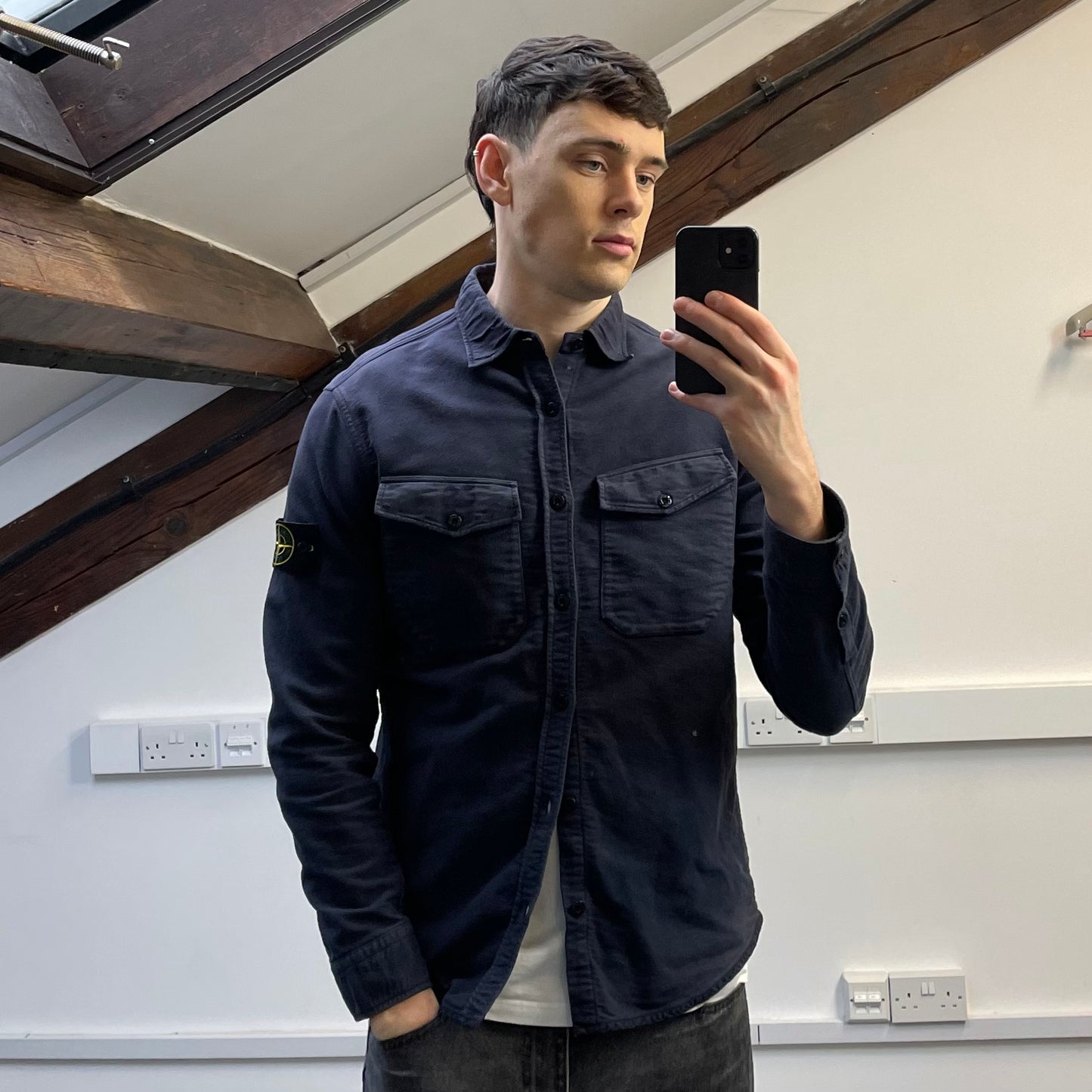 Stone Island Navy AW16 Thick Brushed Cotton Button-Up Overshirt Jacket