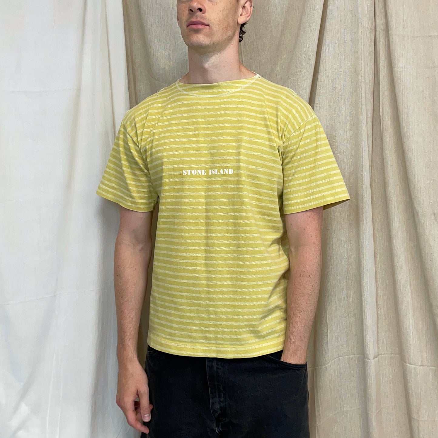Stone Island Yellow 80s Striped Boat Neck Cotton Spellout Tee