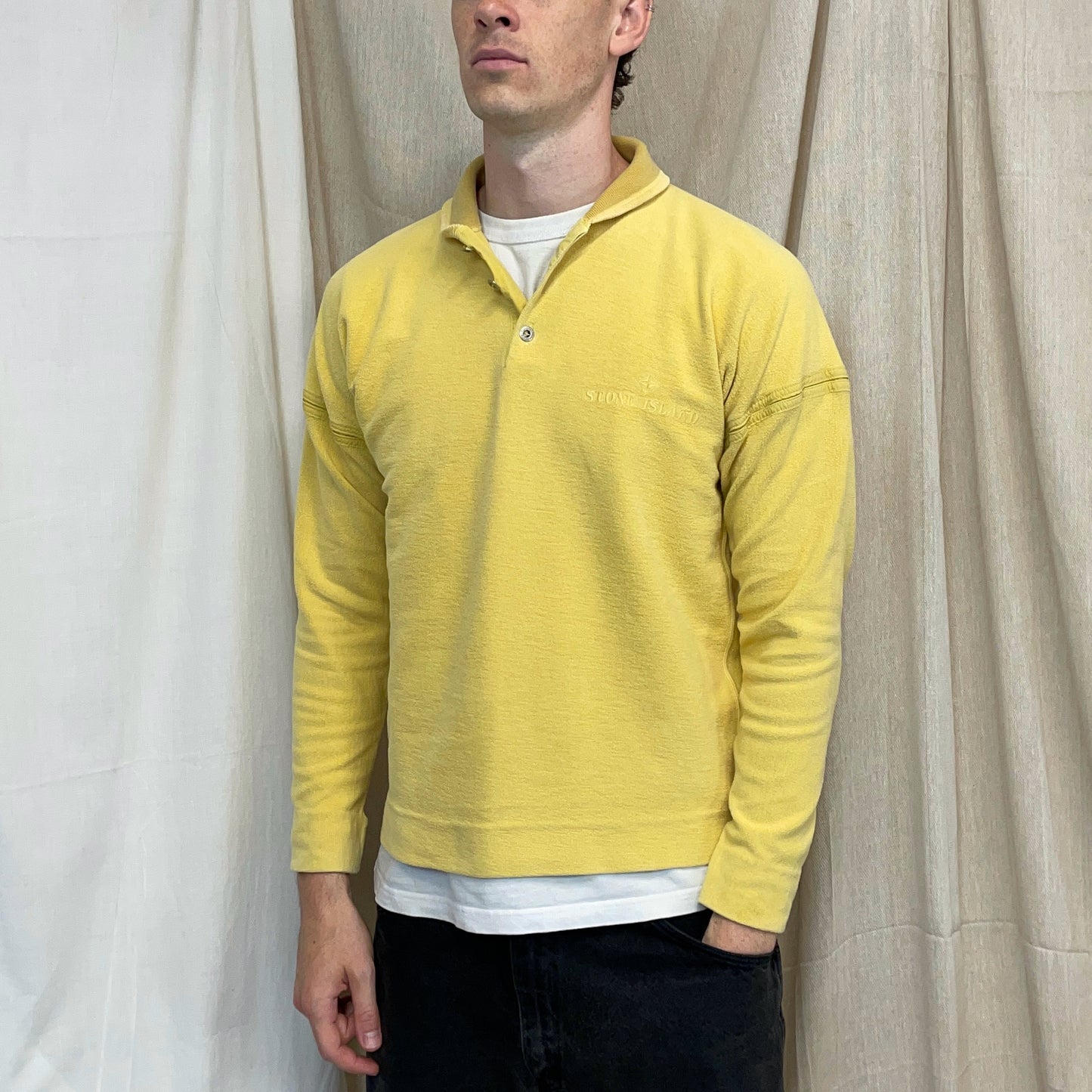 Stone Island Yellow 80s Silver Button-Up Collared Spellout Jumper