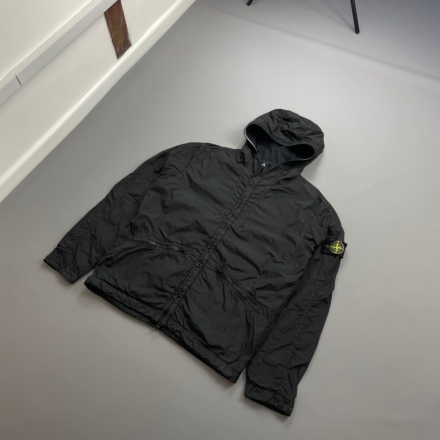 Stone Island Black SS19 Garment Dyed Crinkle Reps NY Midweight Hooded Jacket