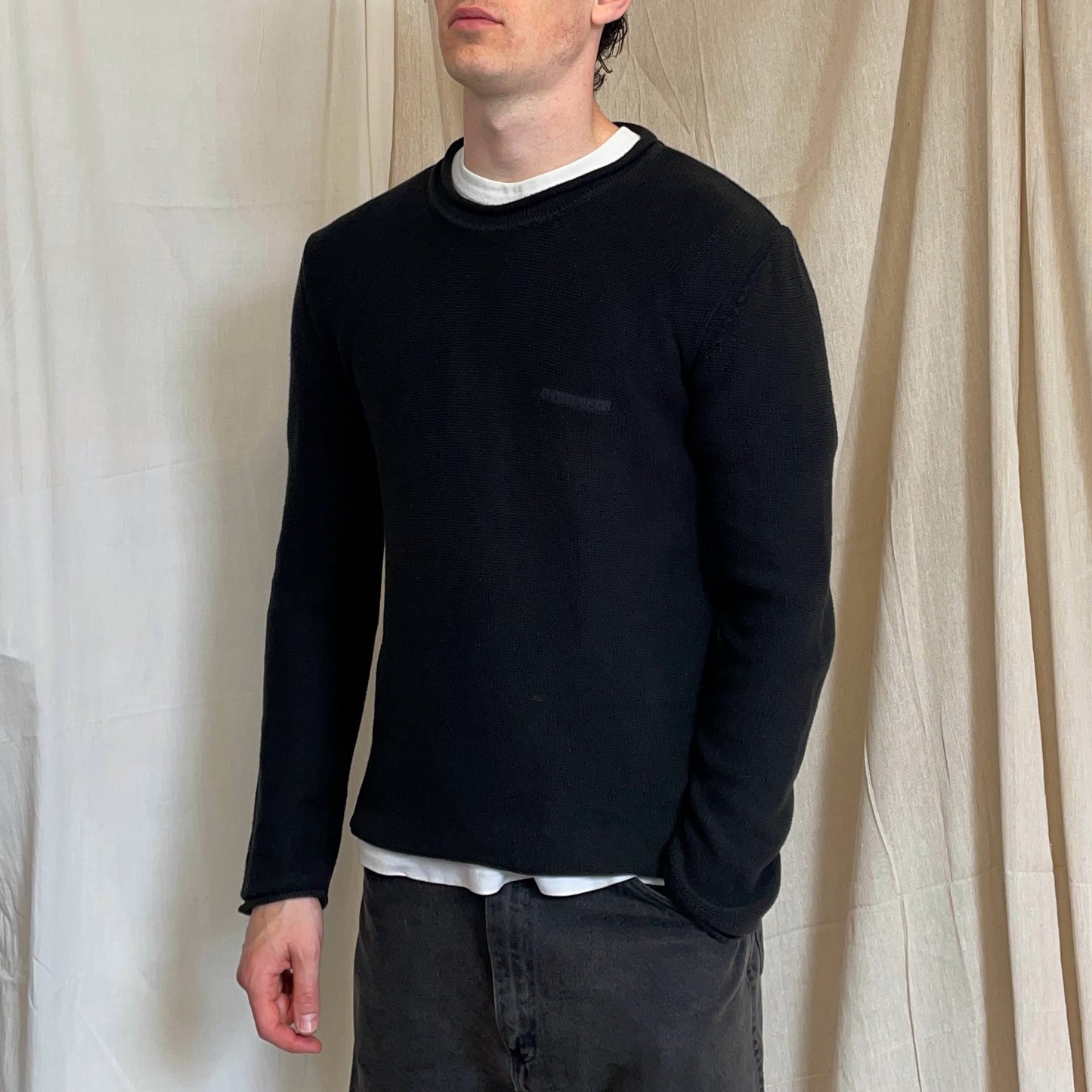 Armani Jeans 00s Black Raw-Edge Knit Jumper