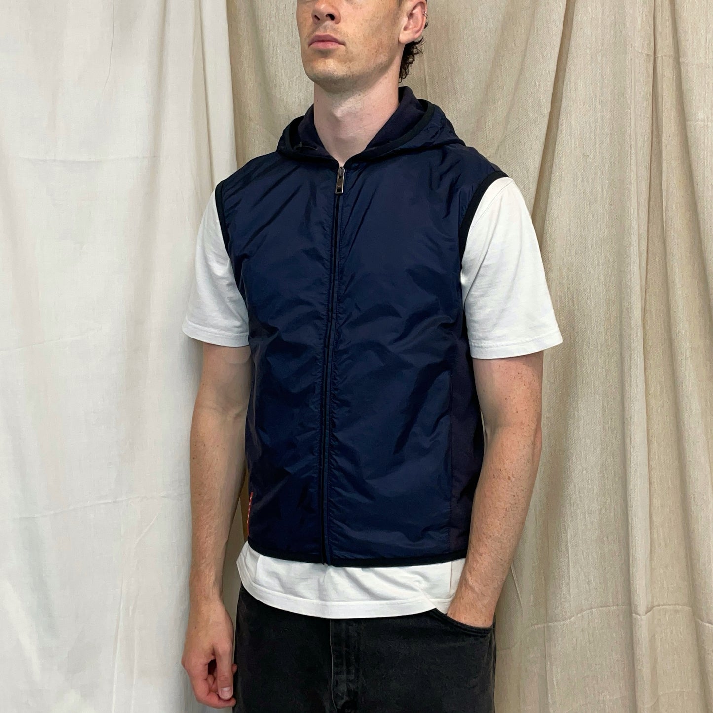 Prada Sport Navy 2017 Nylon Panelled Hooded Gilet Vest