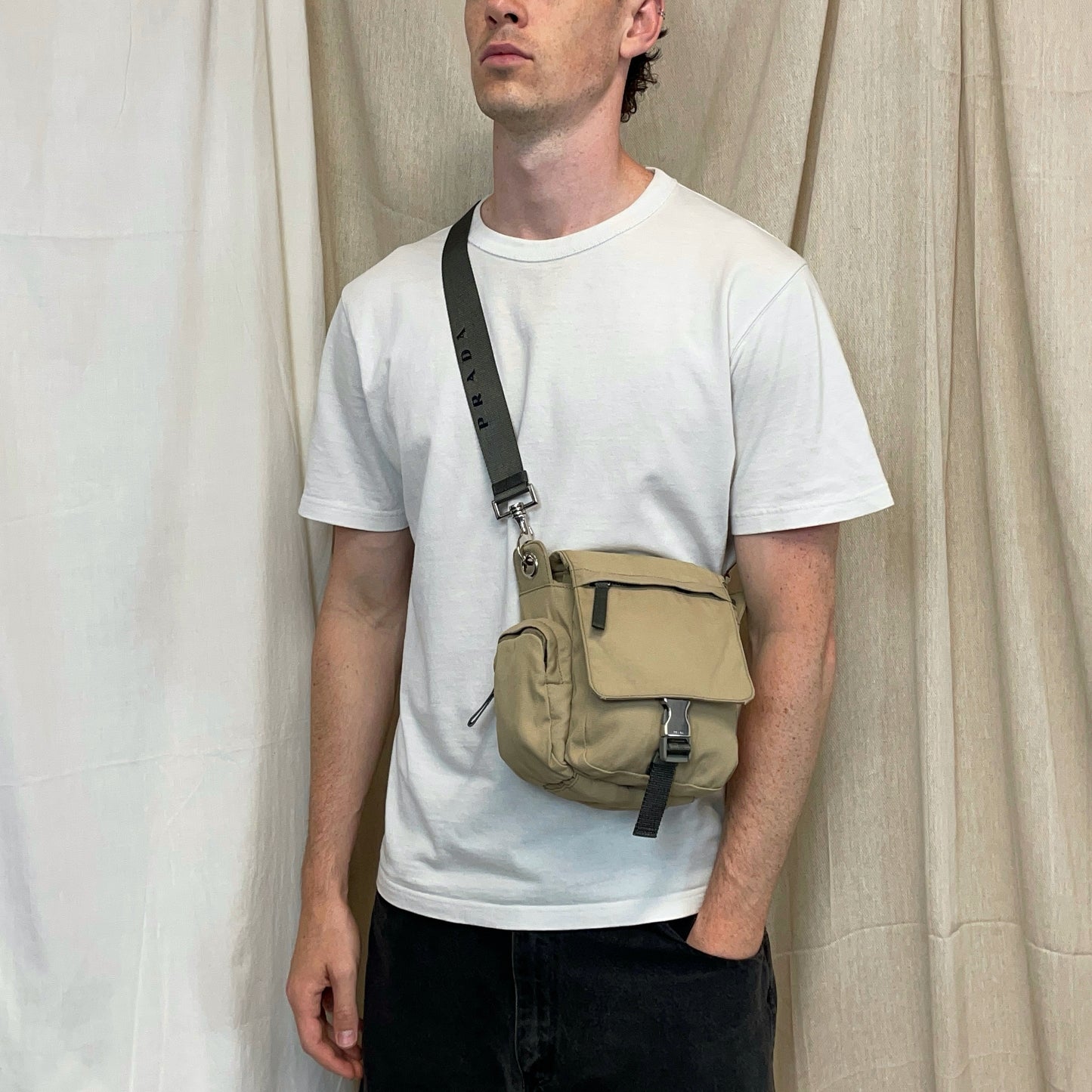 Prada Sport Beige 00s Nylon Crossbody Utility Canvas Spellout Satchel Bag