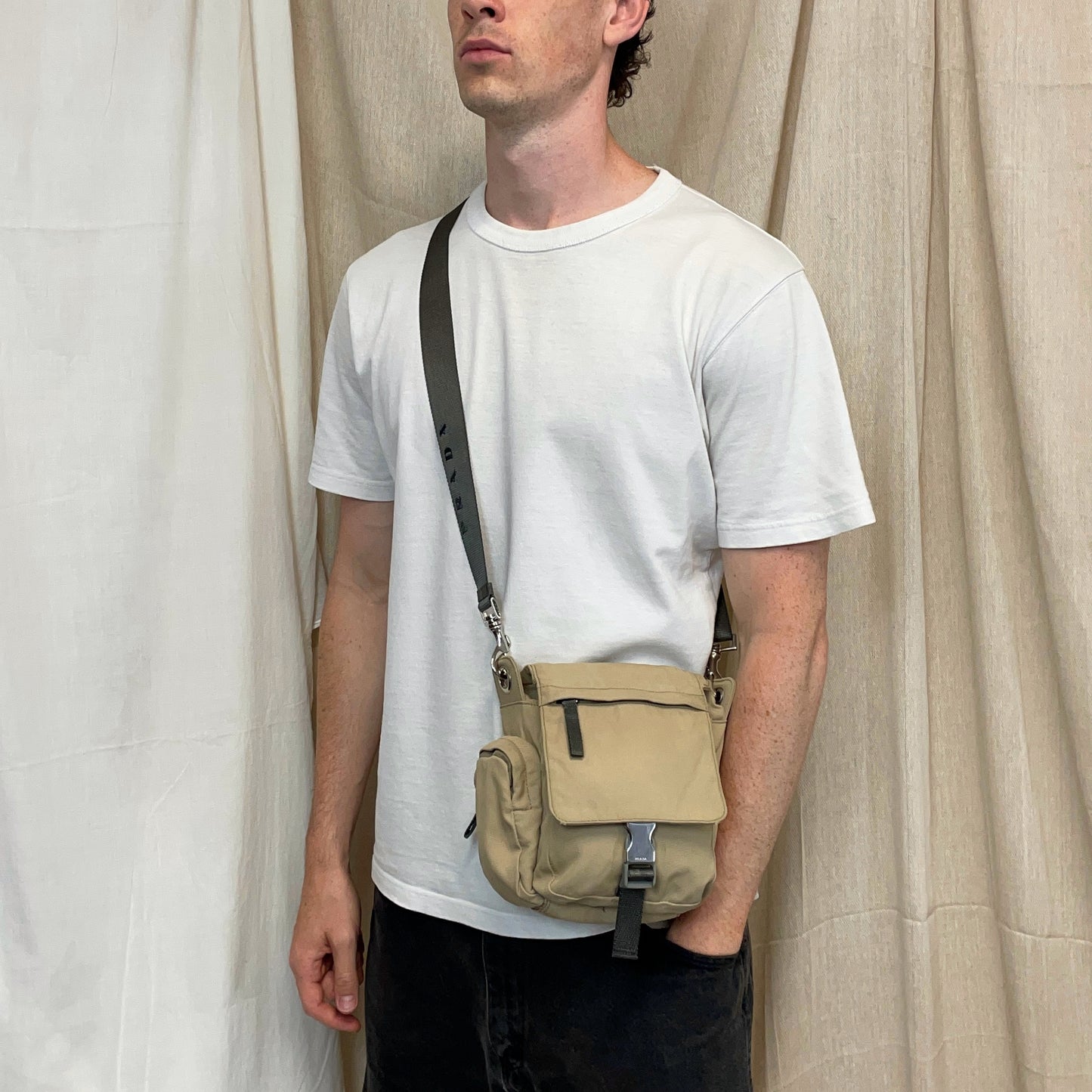 Prada Sport Beige 00s Nylon Crossbody Utility Canvas Spellout Satchel Bag