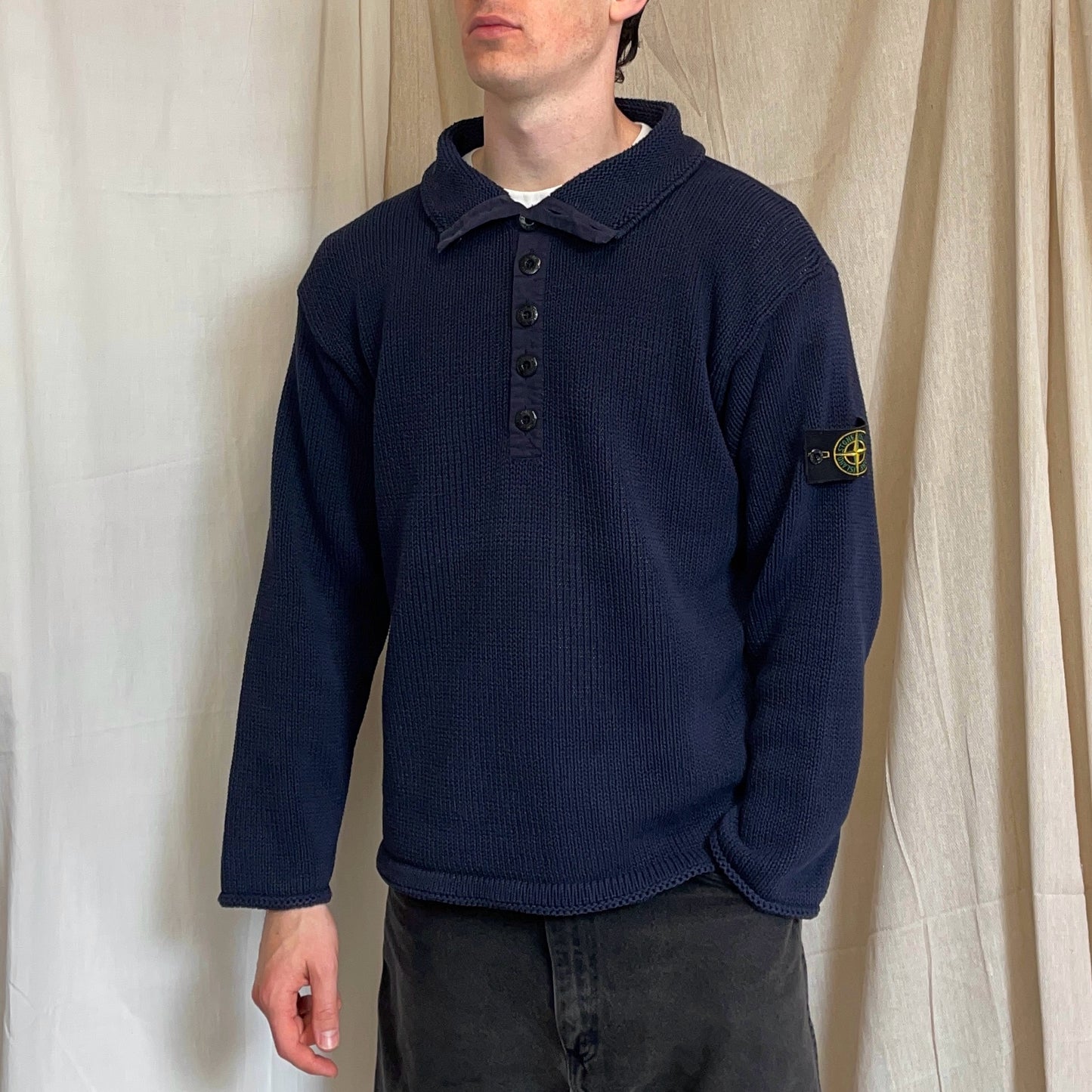 Stone Island Navy SS00 Heavyweight Button Collar Knit Jumper