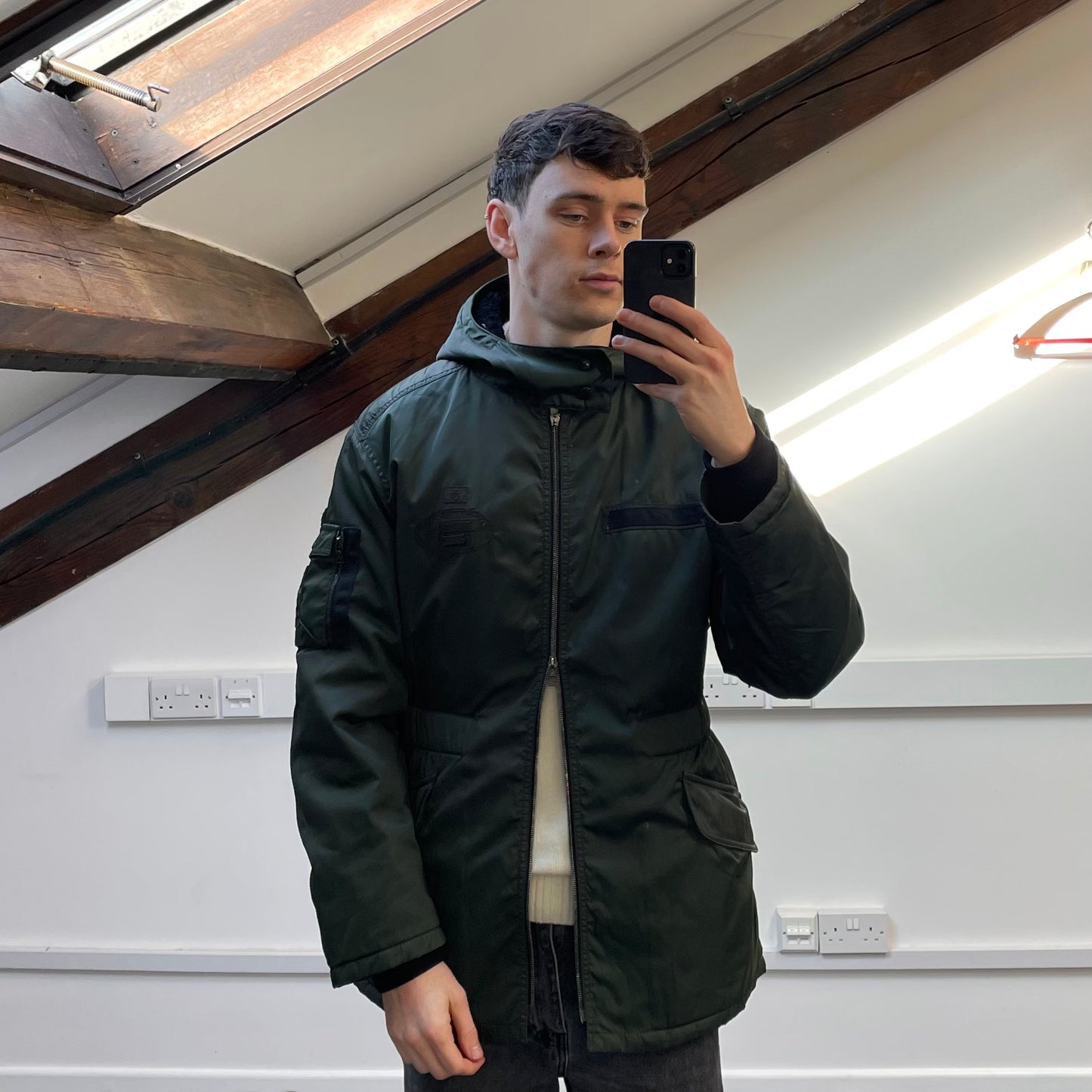 Prada Milano Green 2006 Nylon Sheep Fur Ski-Style Utility Hooded Jacket