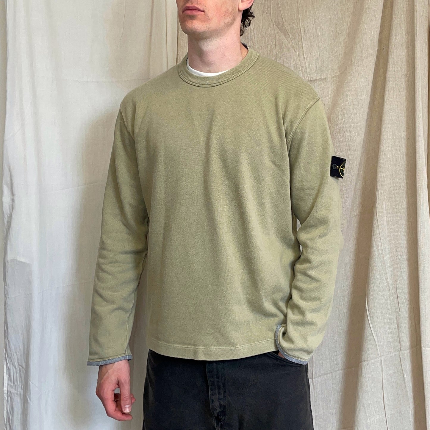 Stone Island Olive Green AW03 Cotton Collar & Cuff Trim Jumper