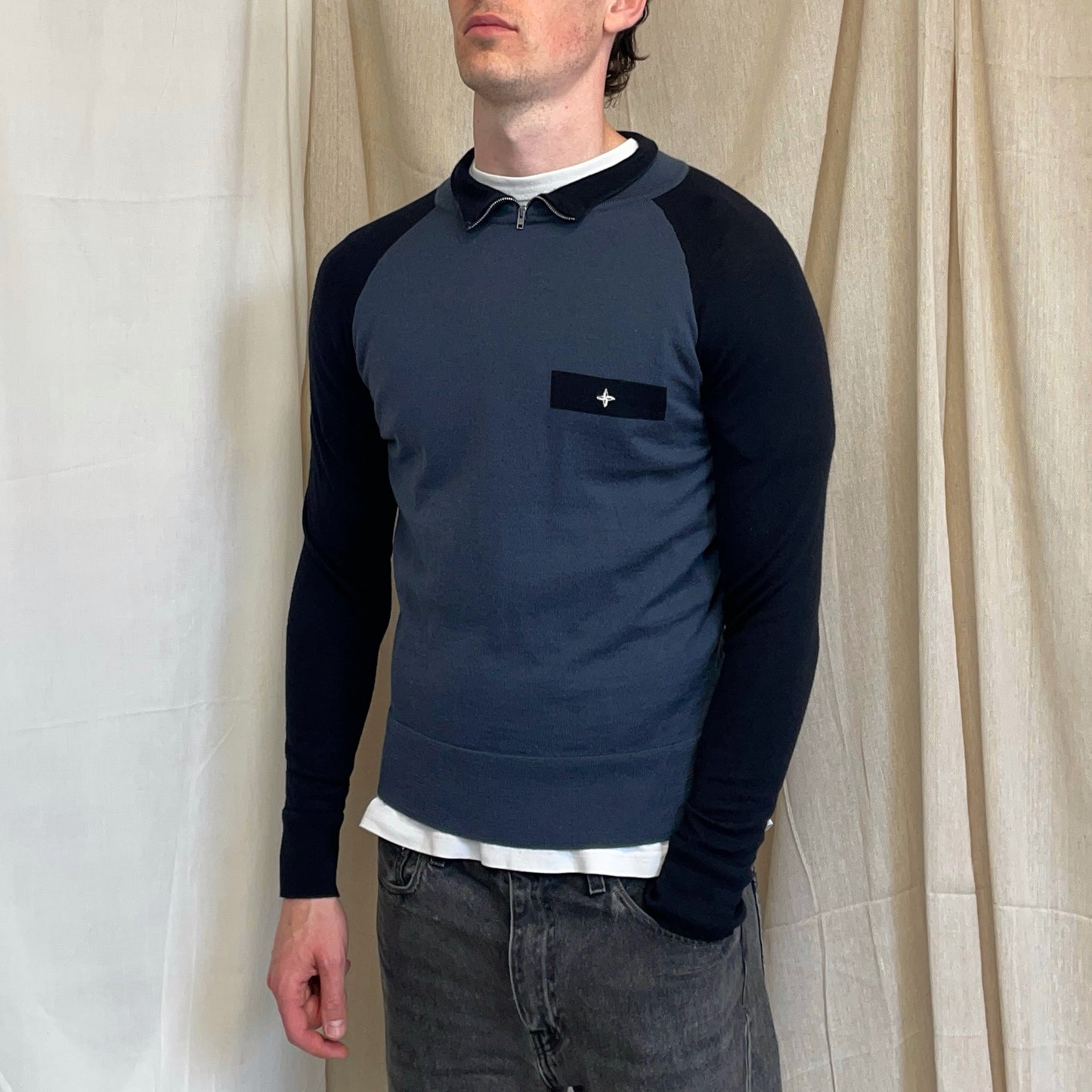 Stone Island Denims Blue & Navy AW03 Wool Zip Collar Knit Jumper