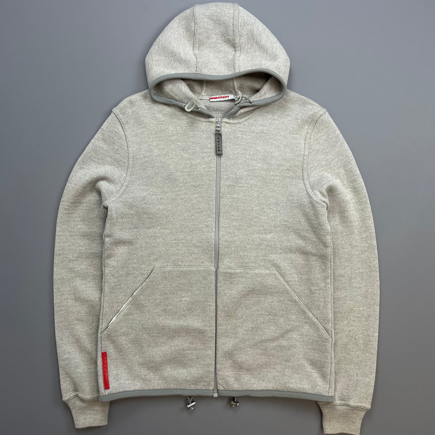 Prada Sport Grey 2006 Technical Wool Knit Spellout Zip-Through Hooded Jacket