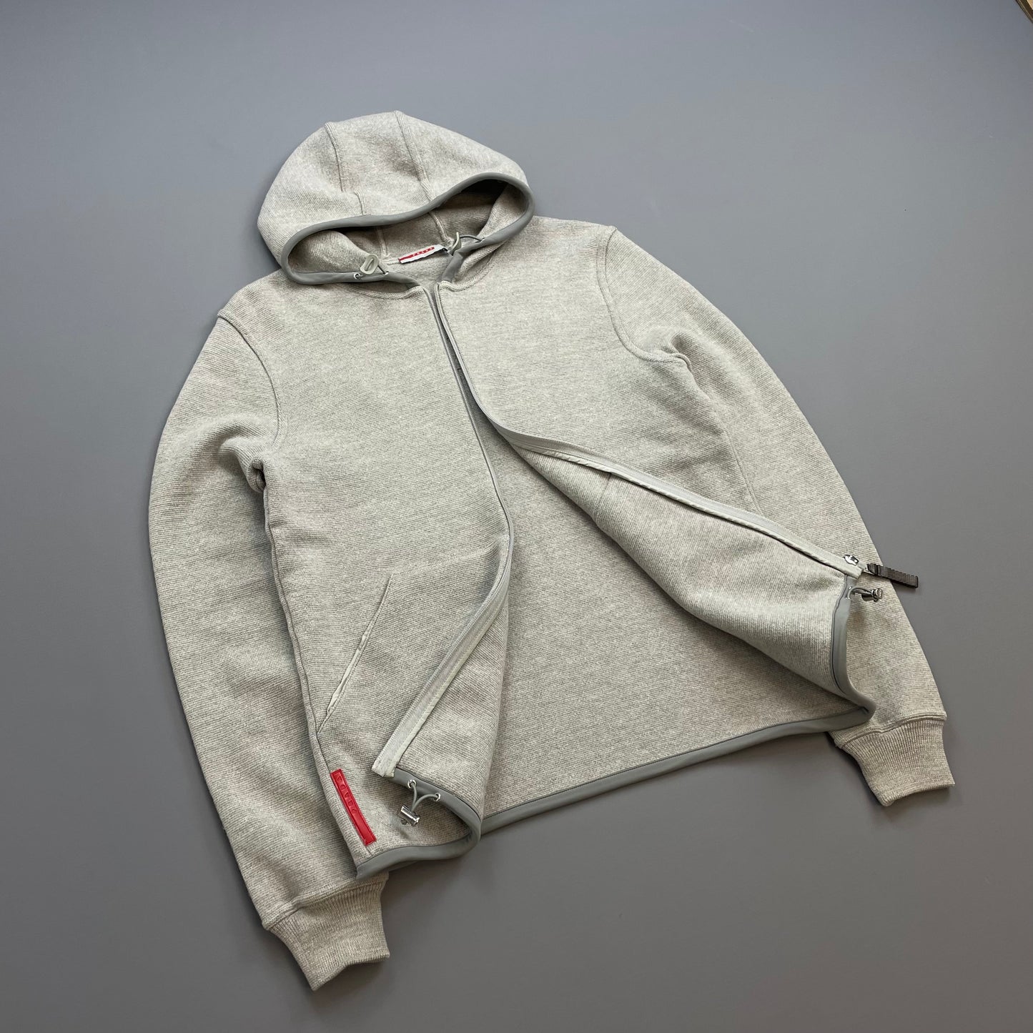 Prada Sport Grey 2006 Technical Wool Knit Spellout Zip-Through Hooded Jacket