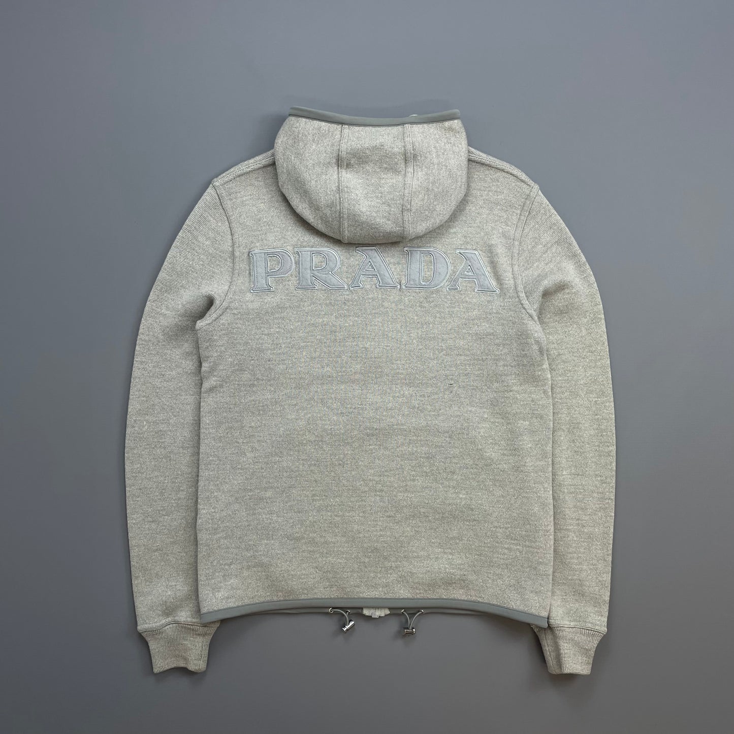Prada Sport Grey 2006 Technical Wool Knit Spellout Zip-Through Hooded Jacket