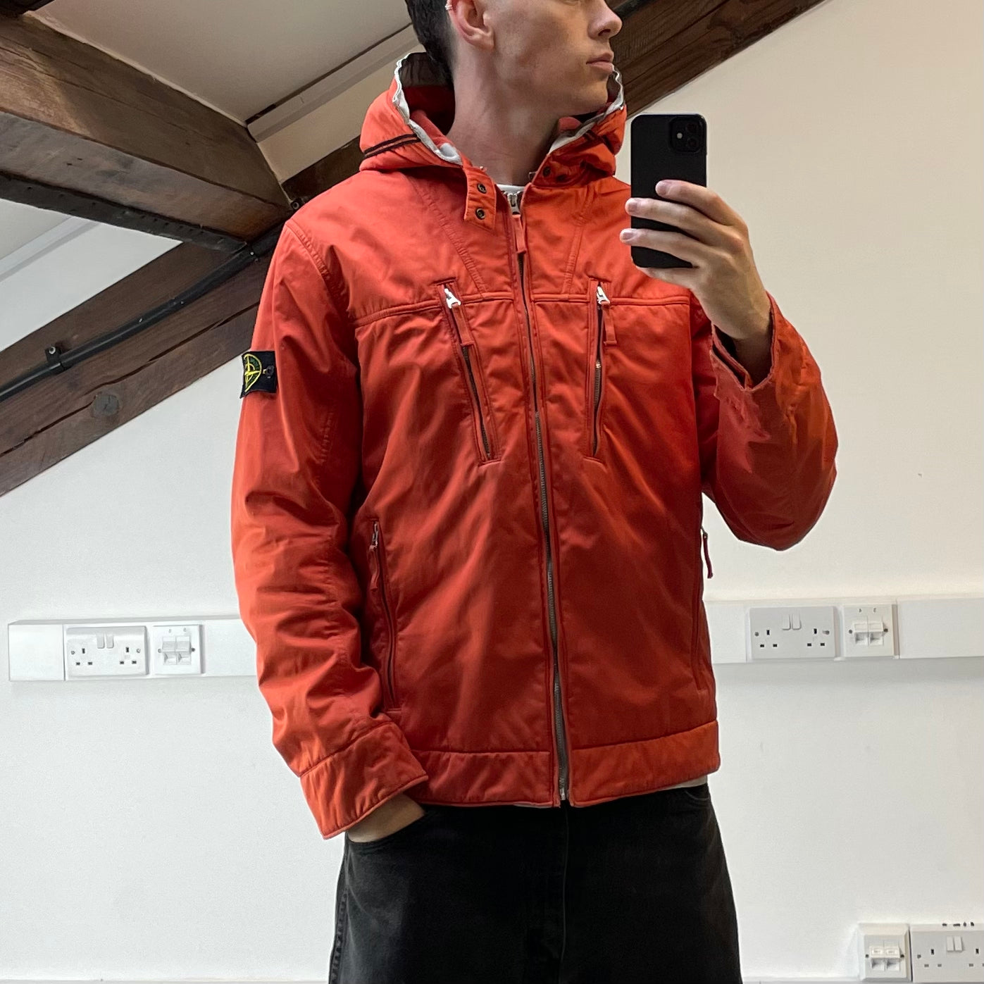 Stone Island Orange Raso Gommato Adjustable Hooded Jacket AW10