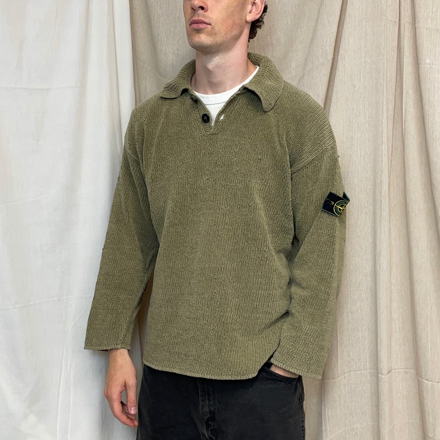 Stone Island Light Brown SS98 Chenille Knit Green Edge Badge Jumper
