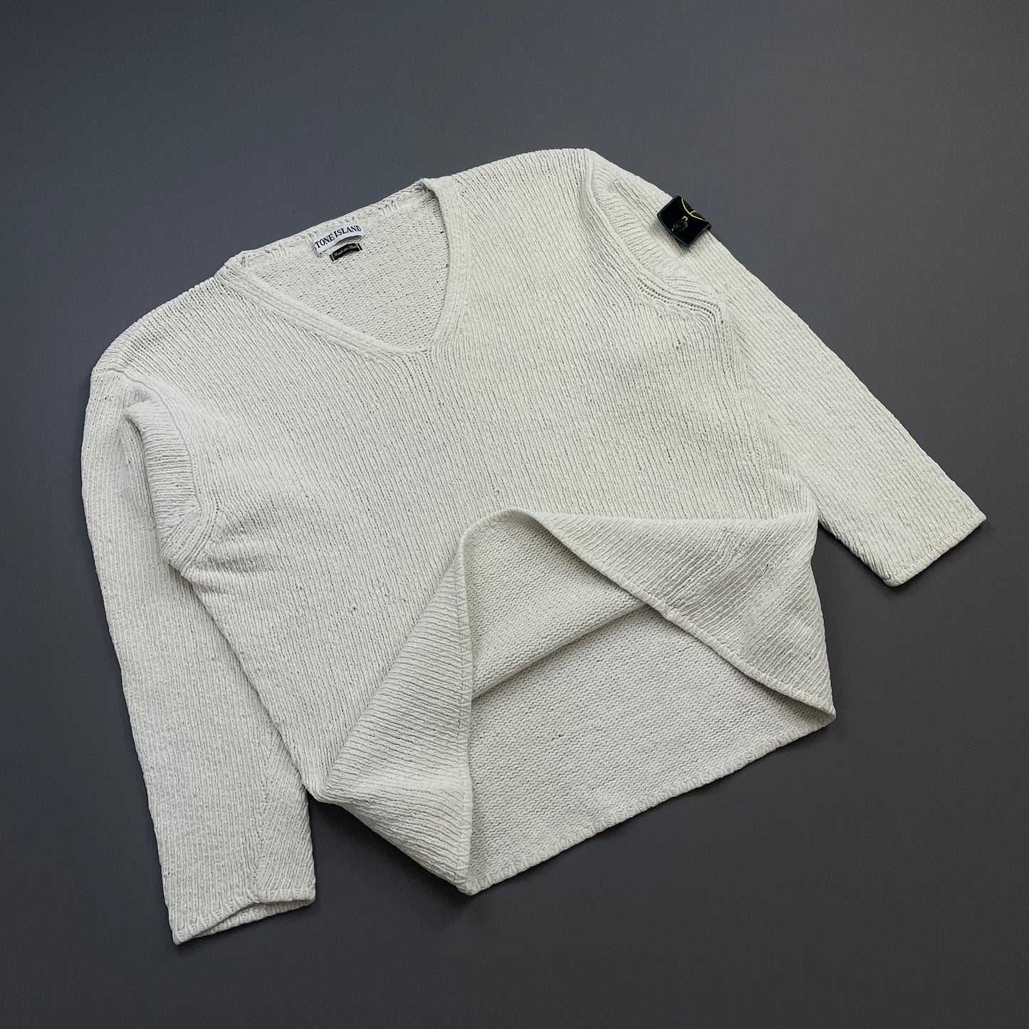 Stone Island White SS96 Chenille Knit Scoop Neck Green Edge Badge Jumper