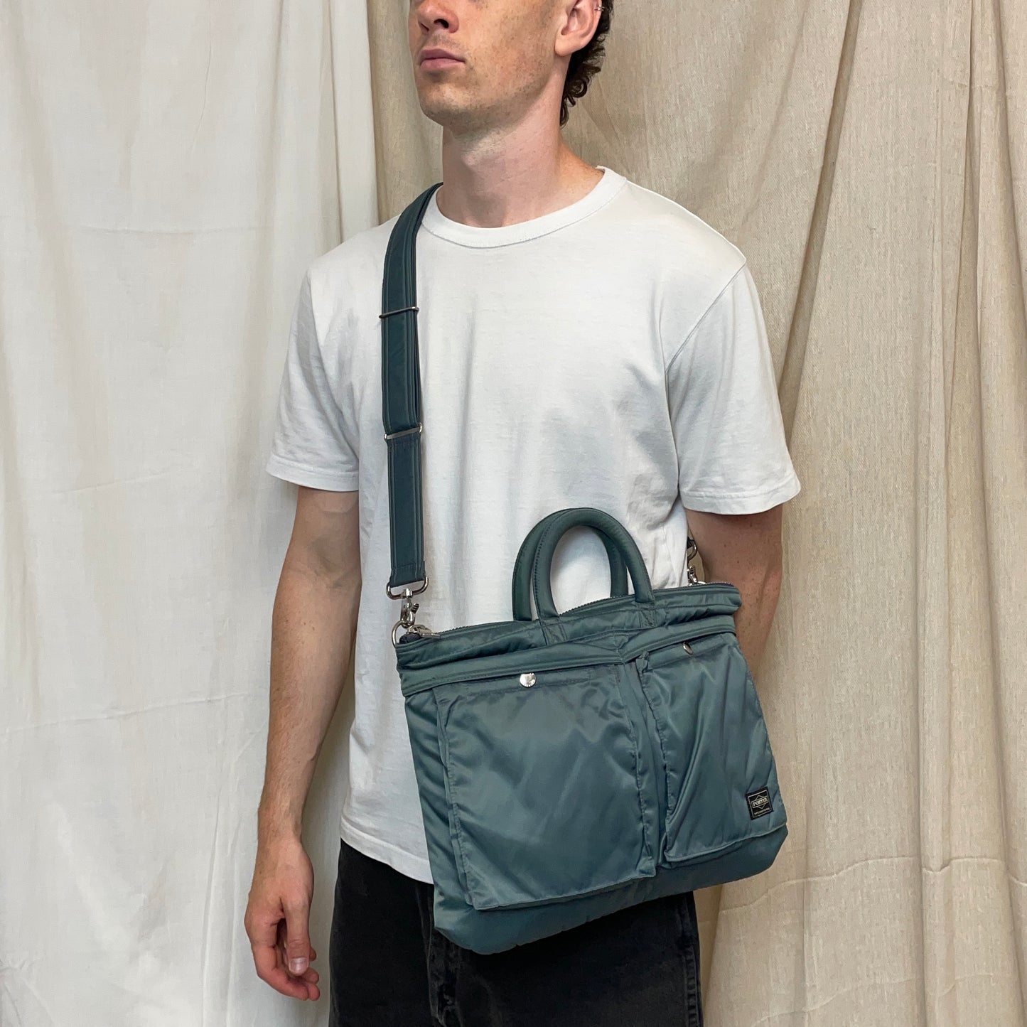 Porter International Teal Blue/Green Nylon Crossbody Briefcase Satchel