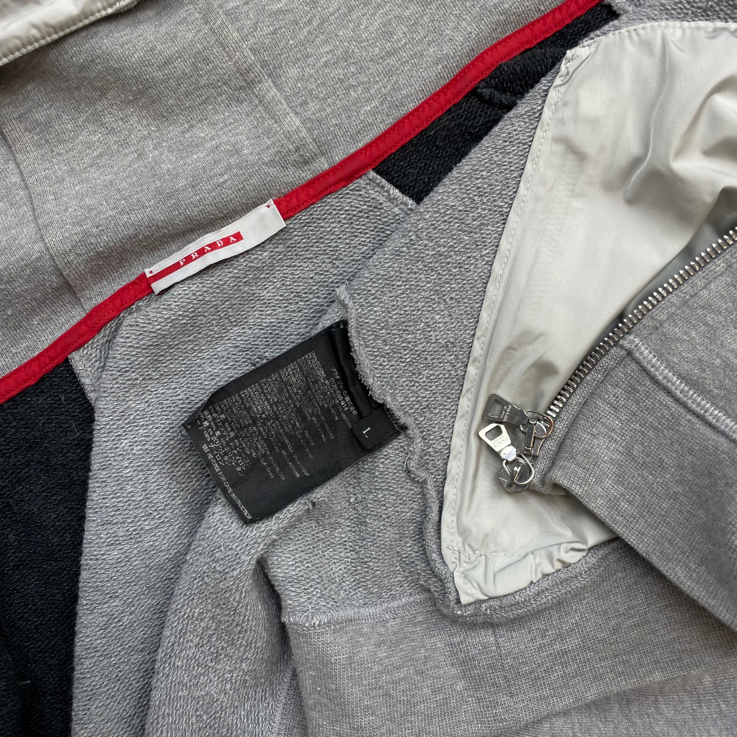 Prada Sport 00s Grey Panelled Nylon Hood Zip-Through Hoodie