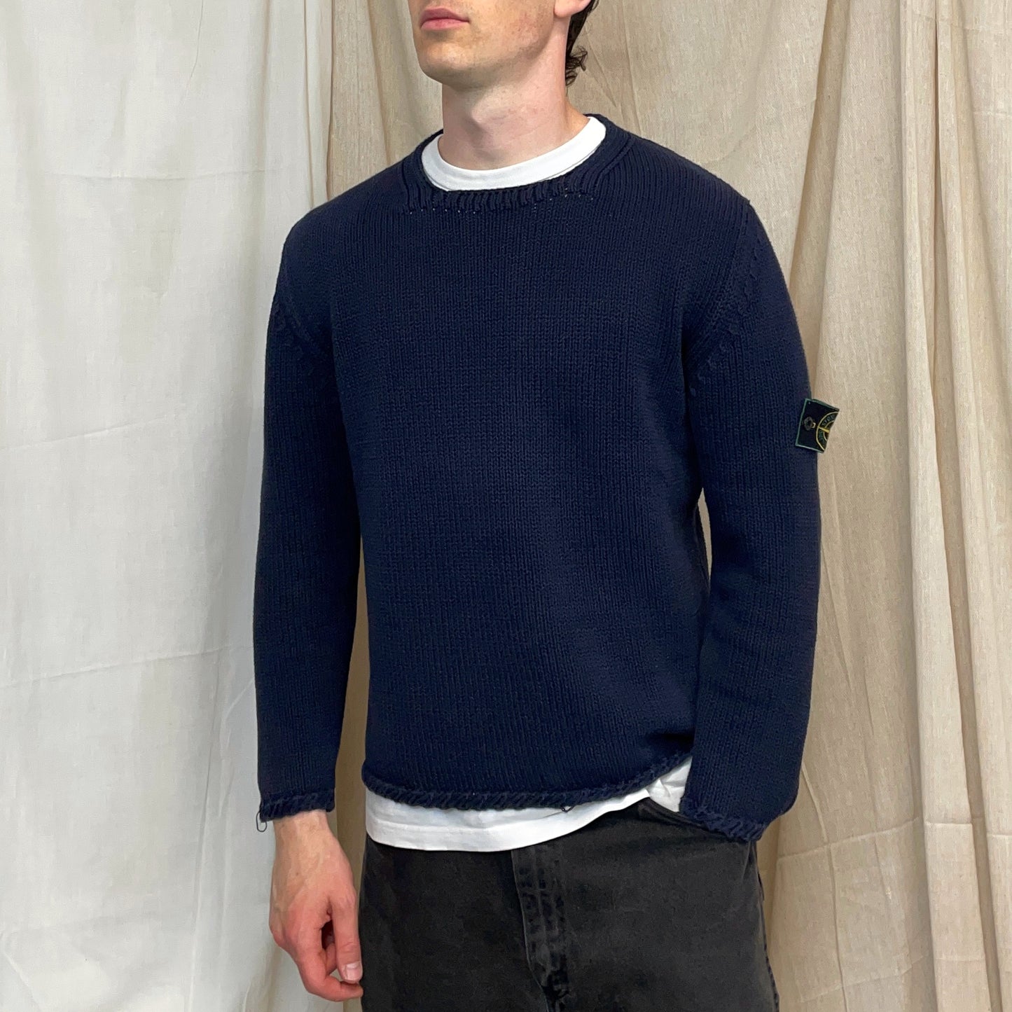 Stone Island Navy SS98 Midweight Knit Green Edge Badge Crewneck Jumper