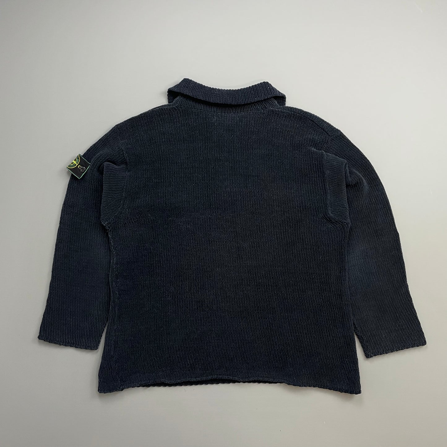 Stone Island Navy SS95 Chenille Knit Green Edge Badge Button Collar Jumper