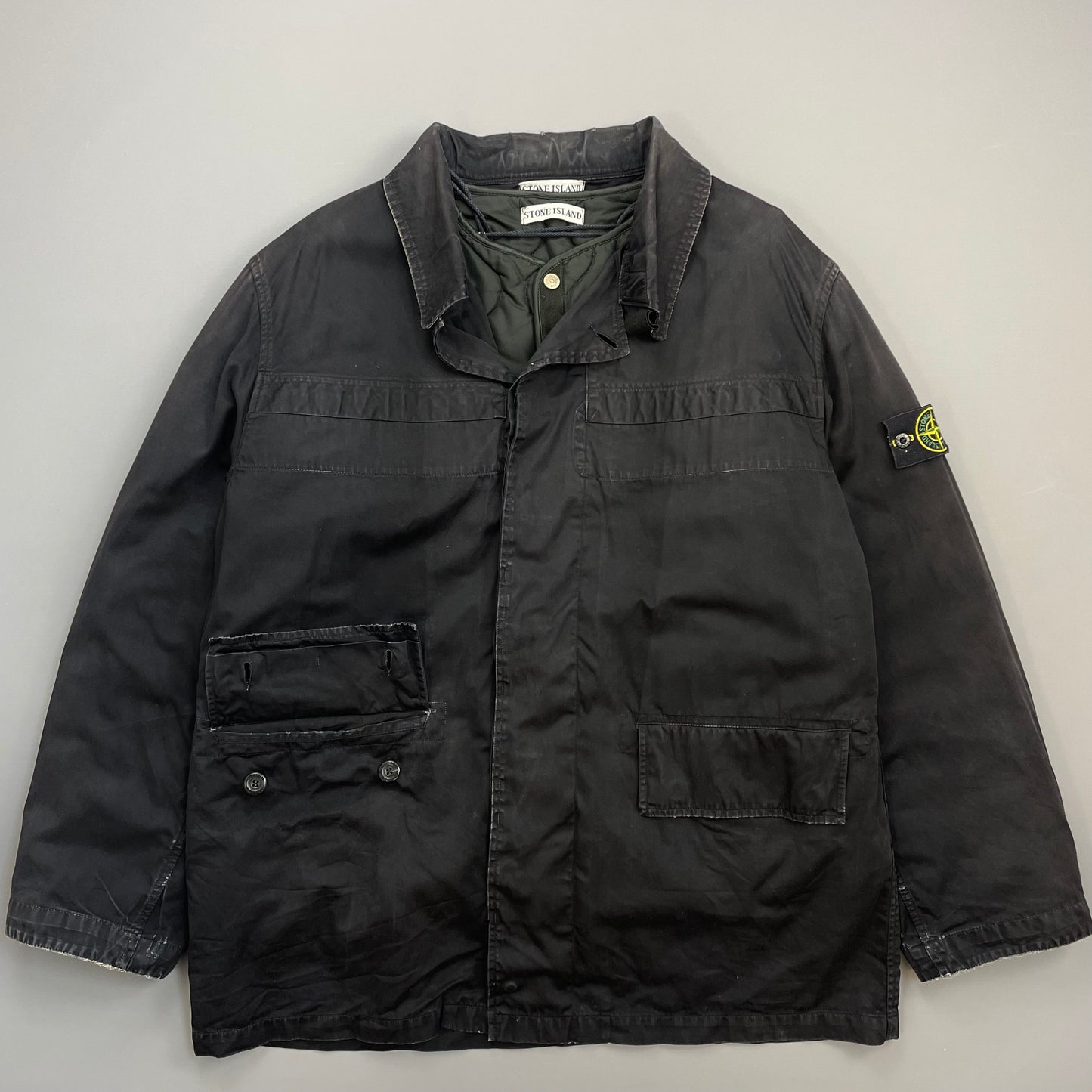 Stone Island Black AW99 Raso Gommato Dual-Layer Dutch Rope Nylon Padded Liner Overcoat
