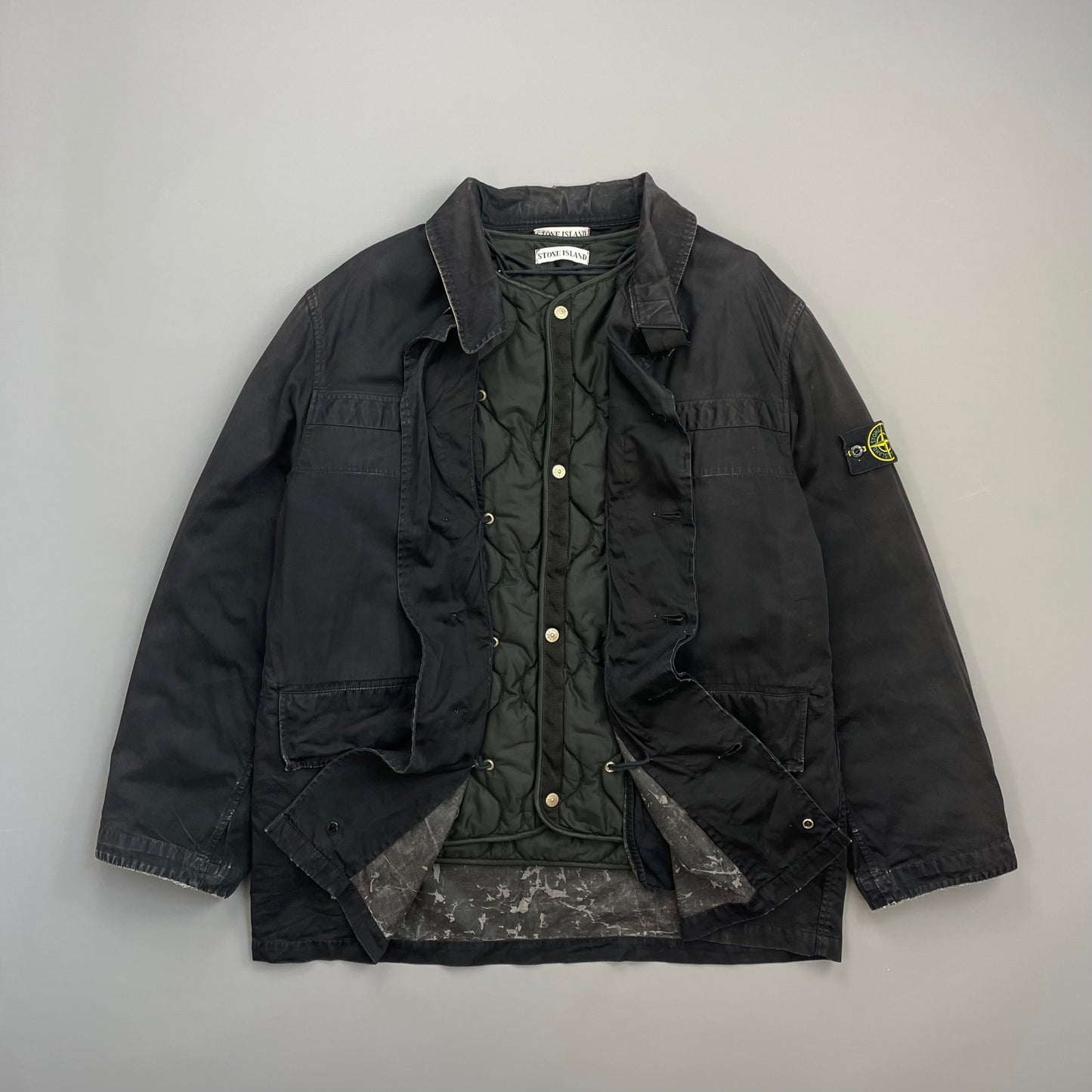 Stone Island Black AW99 Raso Gommato Dual-Layer Dutch Rope Nylon Padded Liner Overcoat