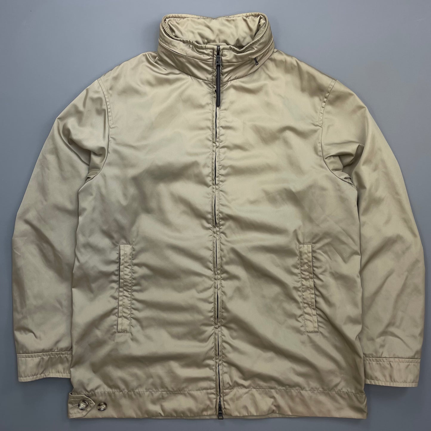 Prada Milano Beige Longline Concealed Hood Windbreaker Jacket